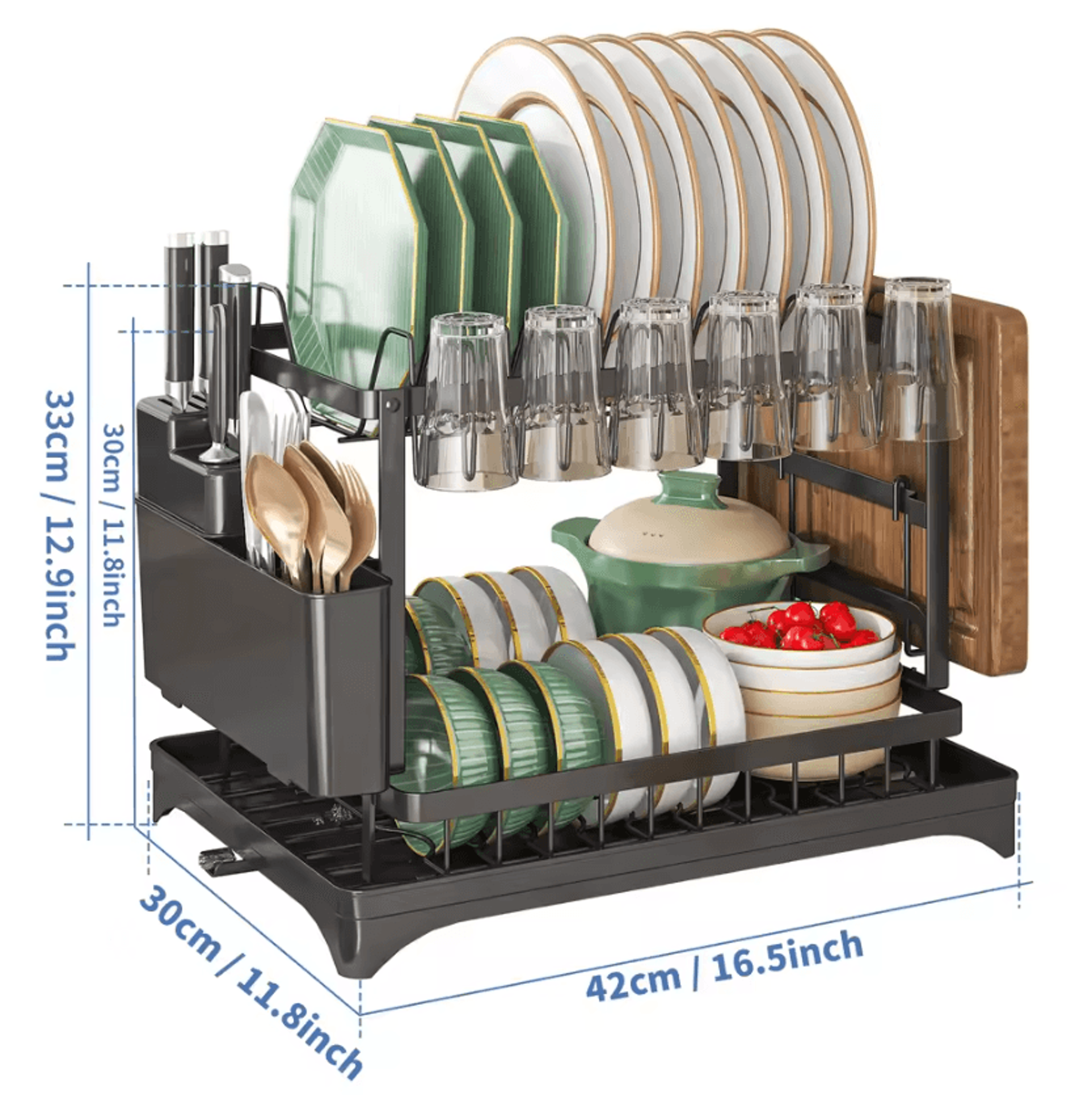 2Tier Dish Drying Rack  Kitchen Countertop Organizer With Drain Tray 5