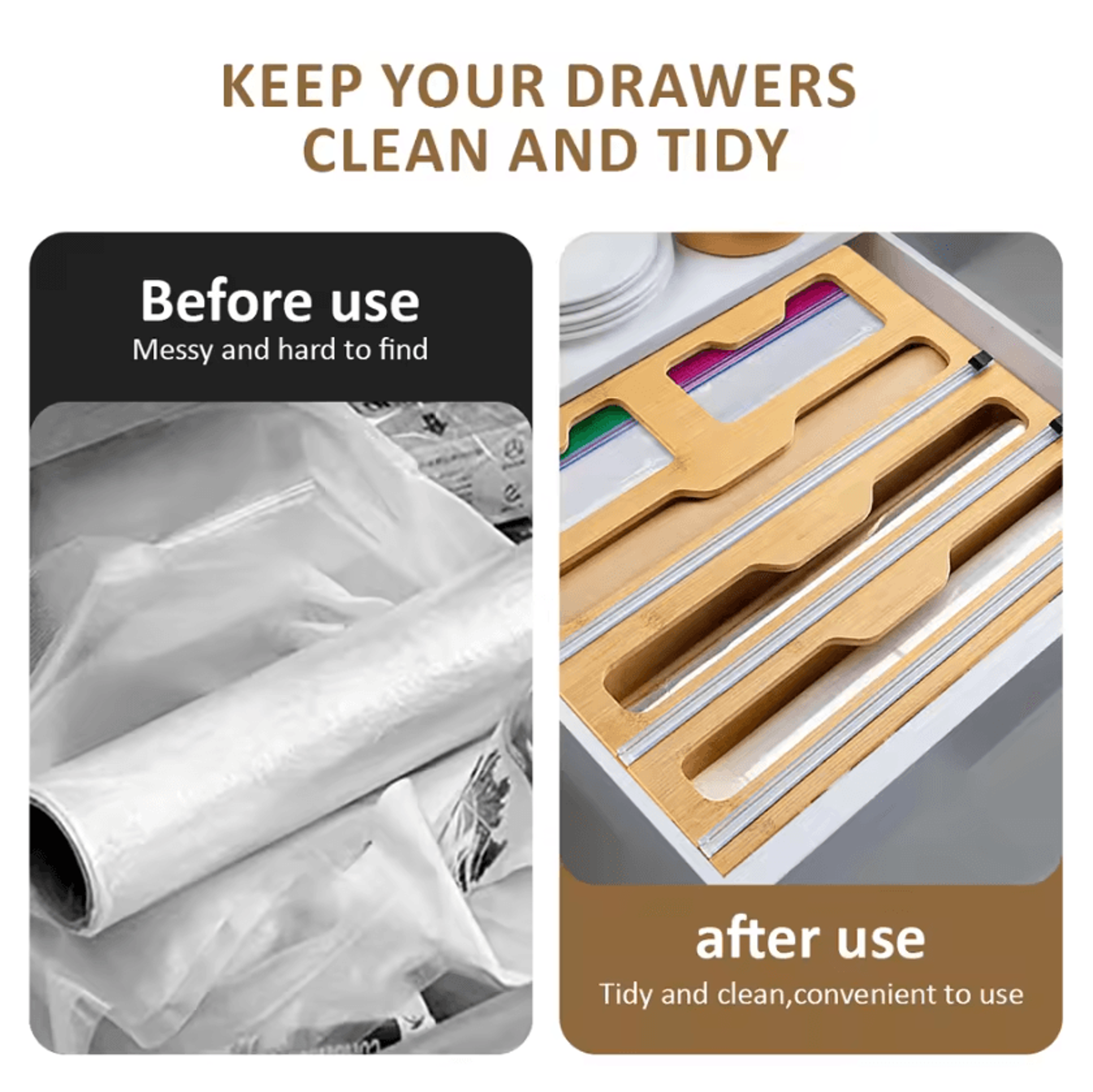 Bamboo Wrap Organizer With BuiltIn Cutter  Kitchen Foil  Plastic Wrap Dispenser 4