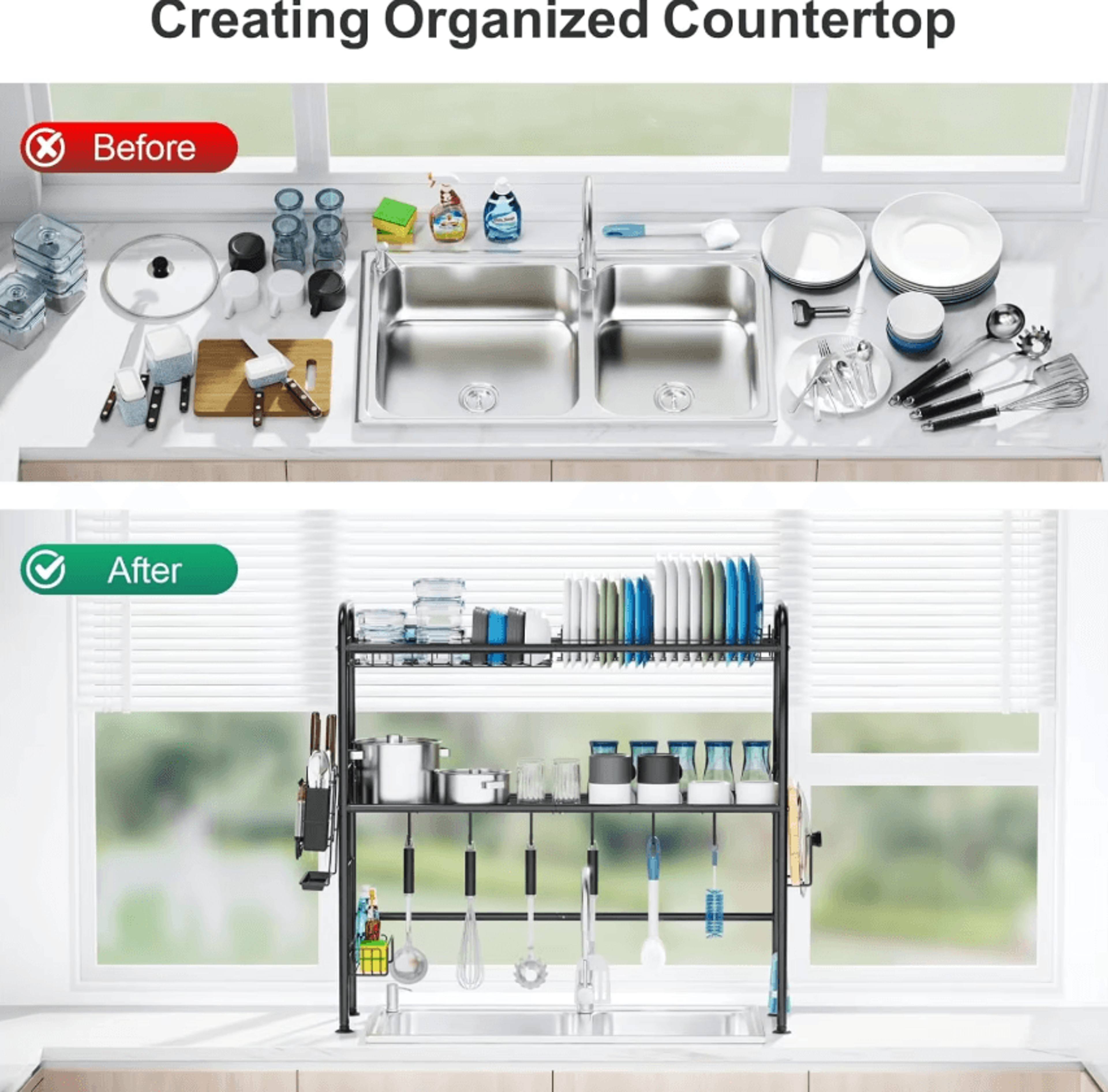 2Tier OvertheSink Dish Drying Rack  Rustproof Kitchen Organizer With Utensil Holder 1