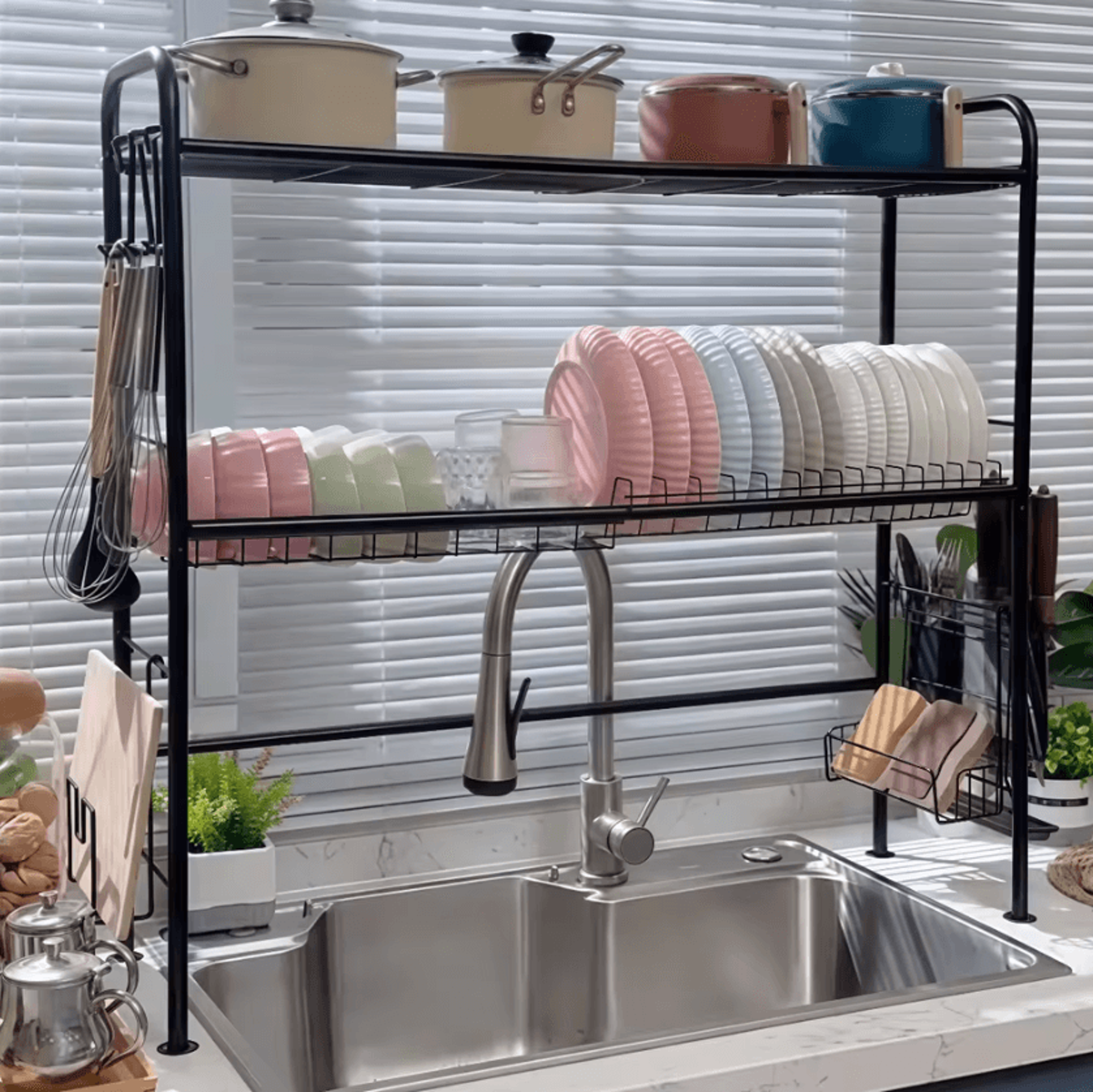 2Tier OvertheSink Dish Drying Rack  Rustproof Kitchen Organizer With Utensil Holder 5