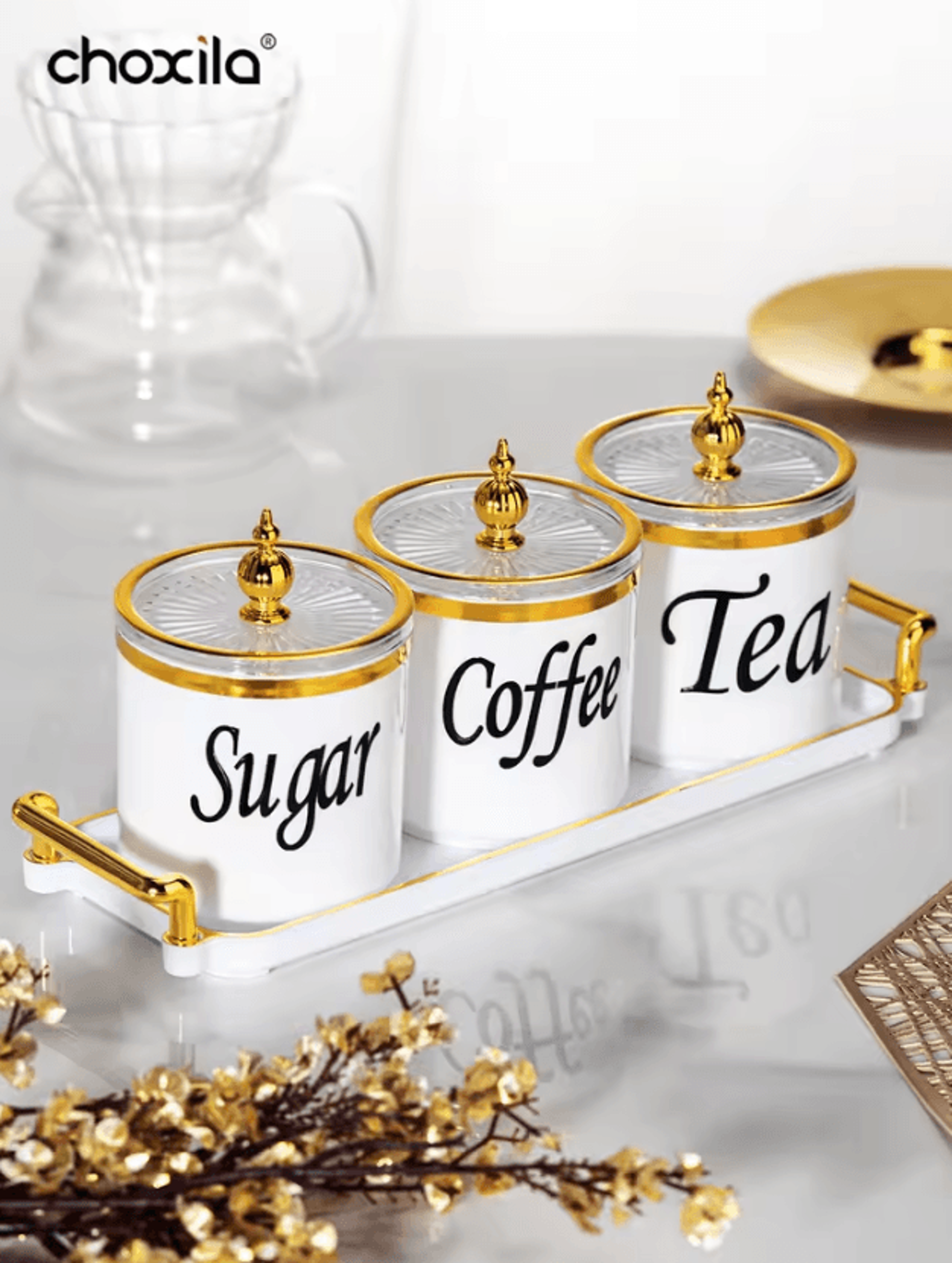 4Piece Coffee Canister Set With Tray  Decorative Storage Jars For Coffee Tea  Sugar 0