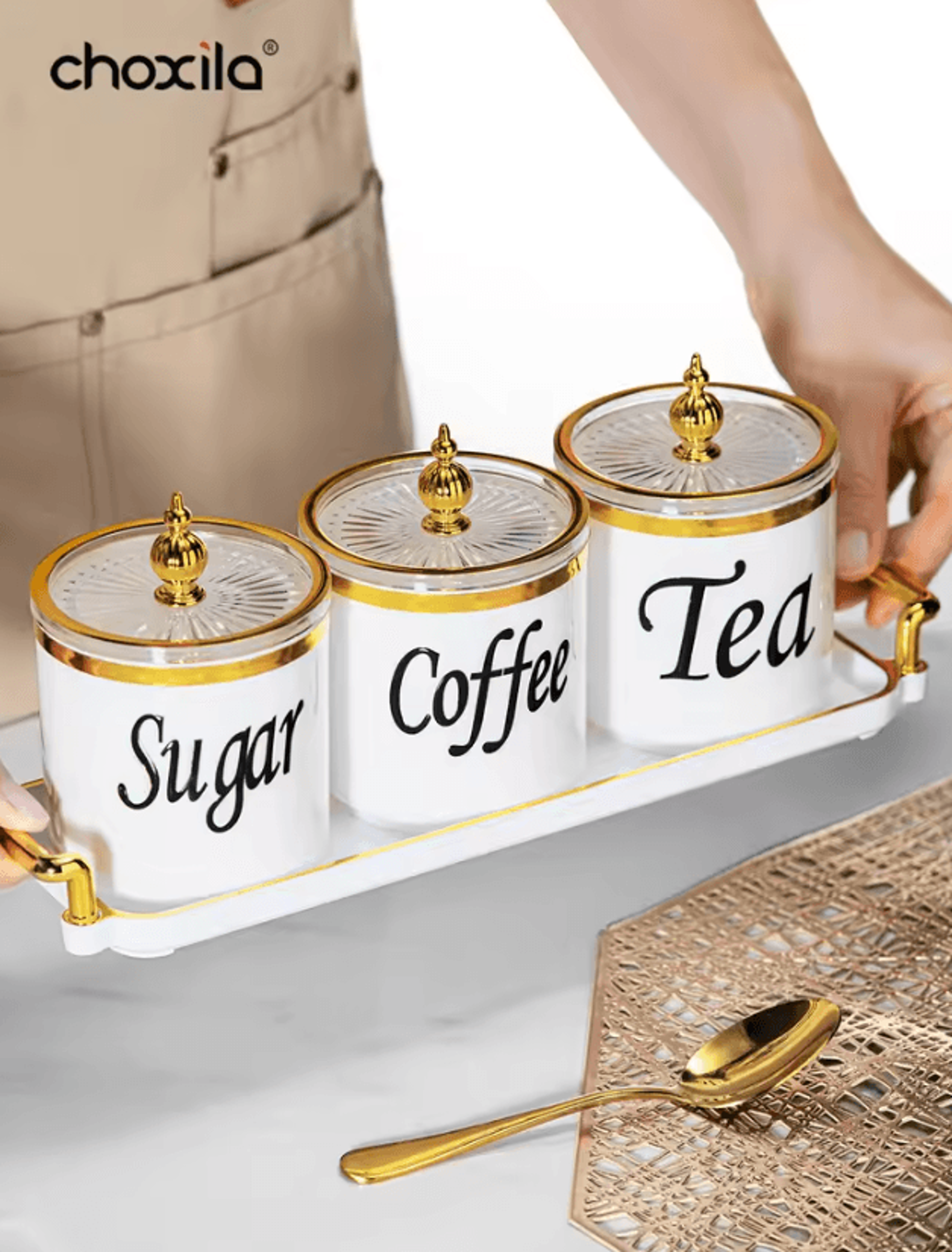 4Piece Coffee Canister Set With Tray  Decorative Storage Jars For Coffee Tea  Sugar 3