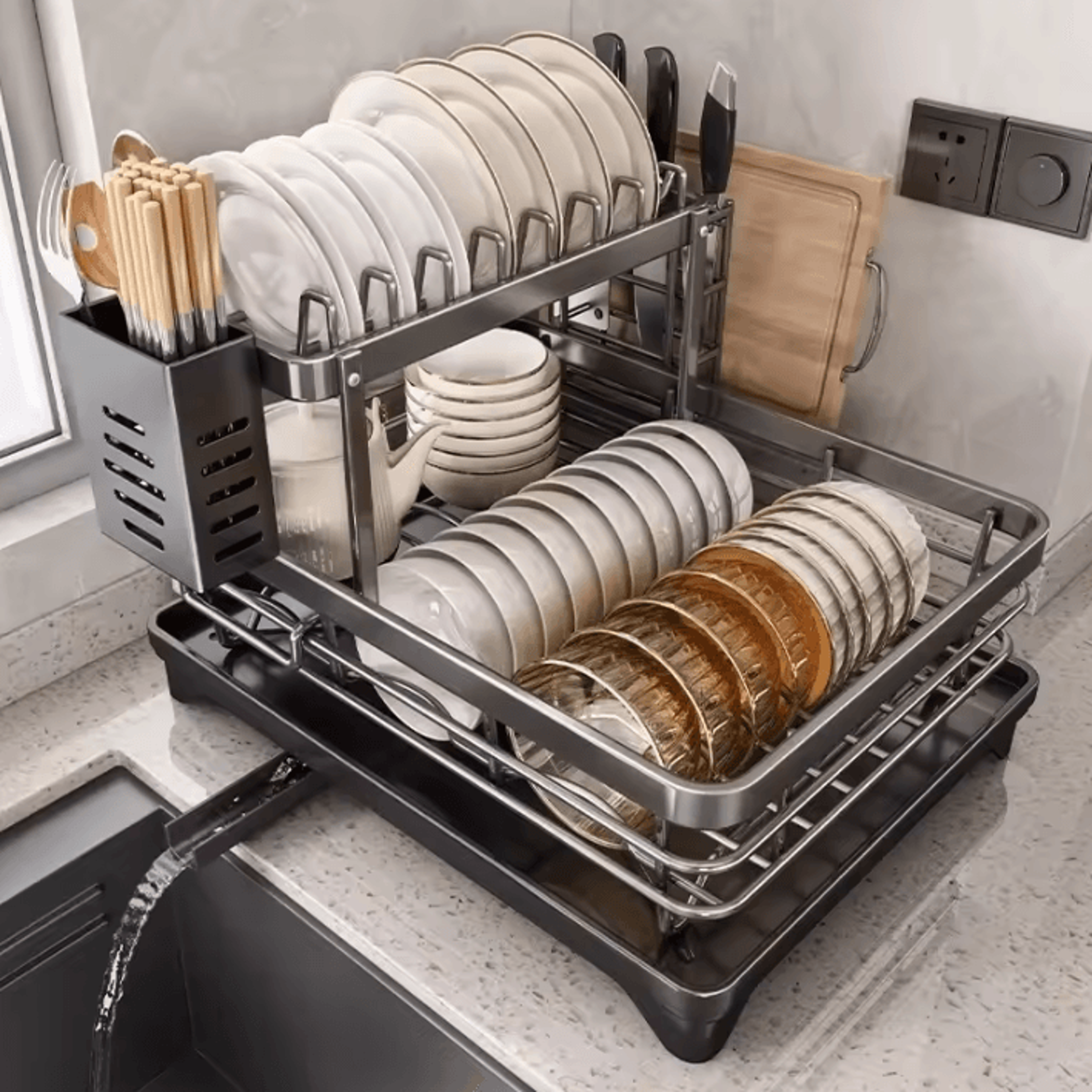 Adjustable Stainless Steel Dish Drying Rack With Drainboard  OverSink Plate  Kitchen Organizer 0