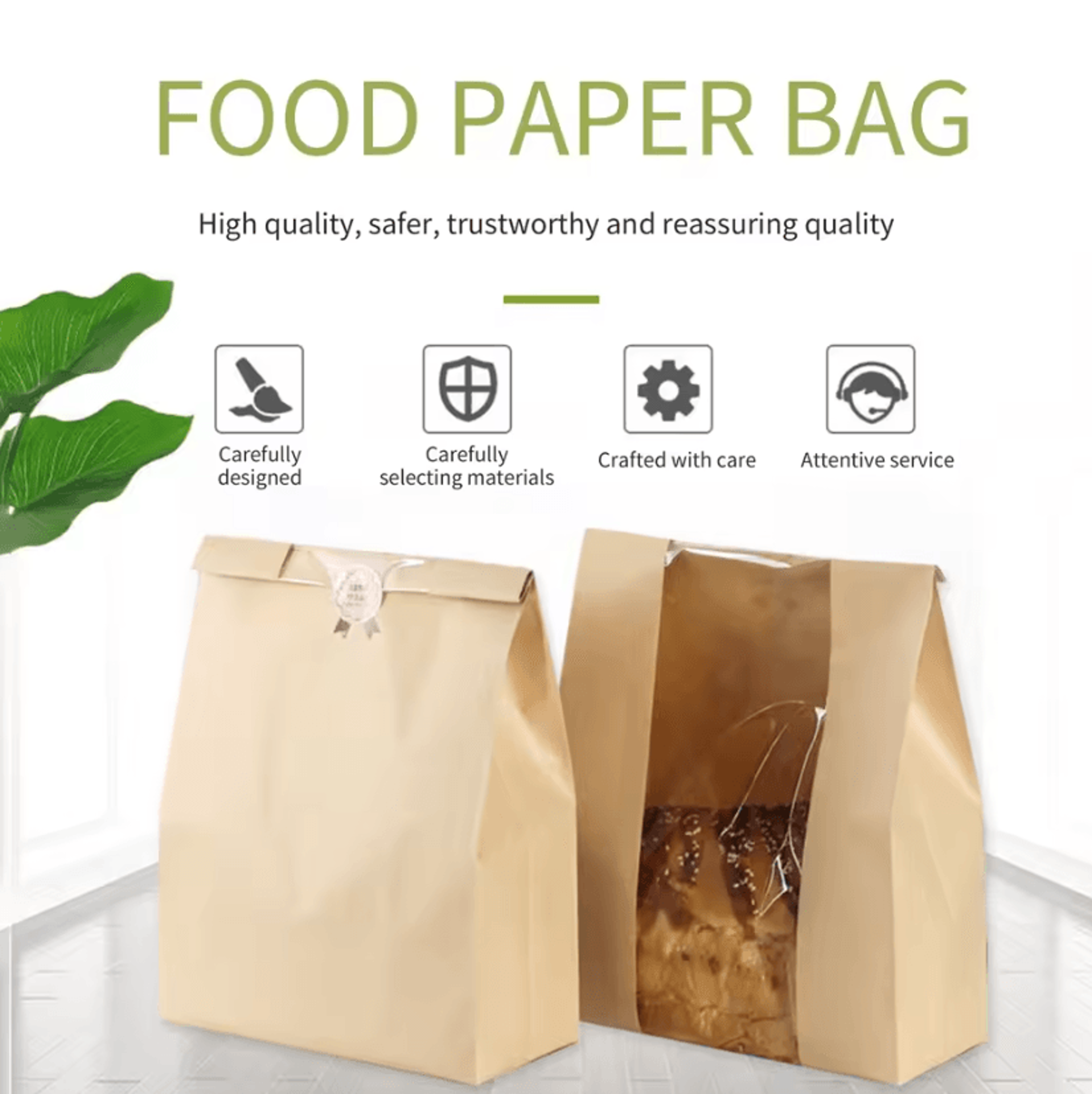 Large Kraft Paper Bread Bags With Window  50PCS Bakery Packaging Set 1