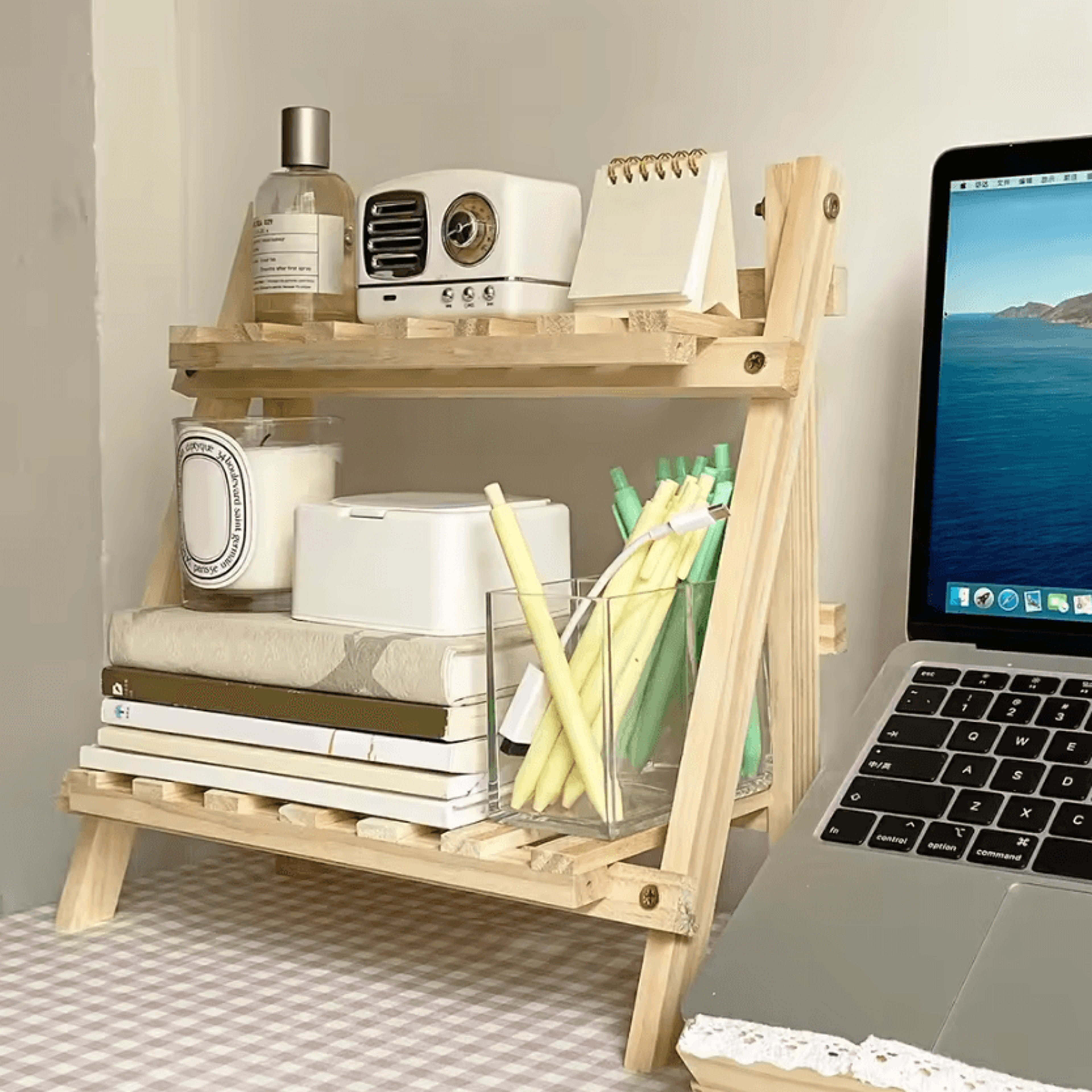 2Tier Wooden Desktop Organizer Foldable Desktop Storage Shelf For Home  Office 1