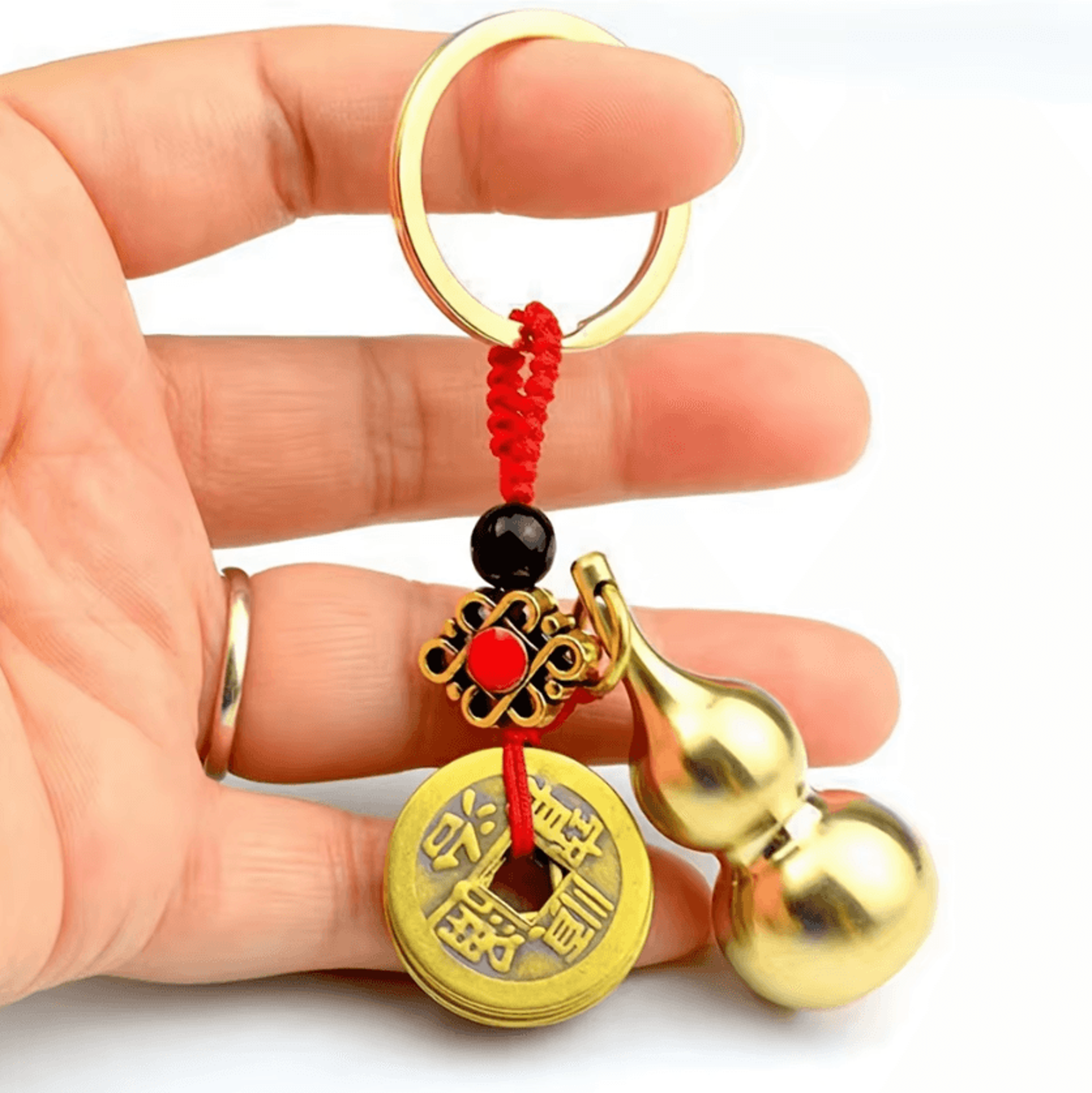 Brass Feng Shui Gourd Keychain With Fortune Coins And Chinese Knot For Luck And Prosperity 0