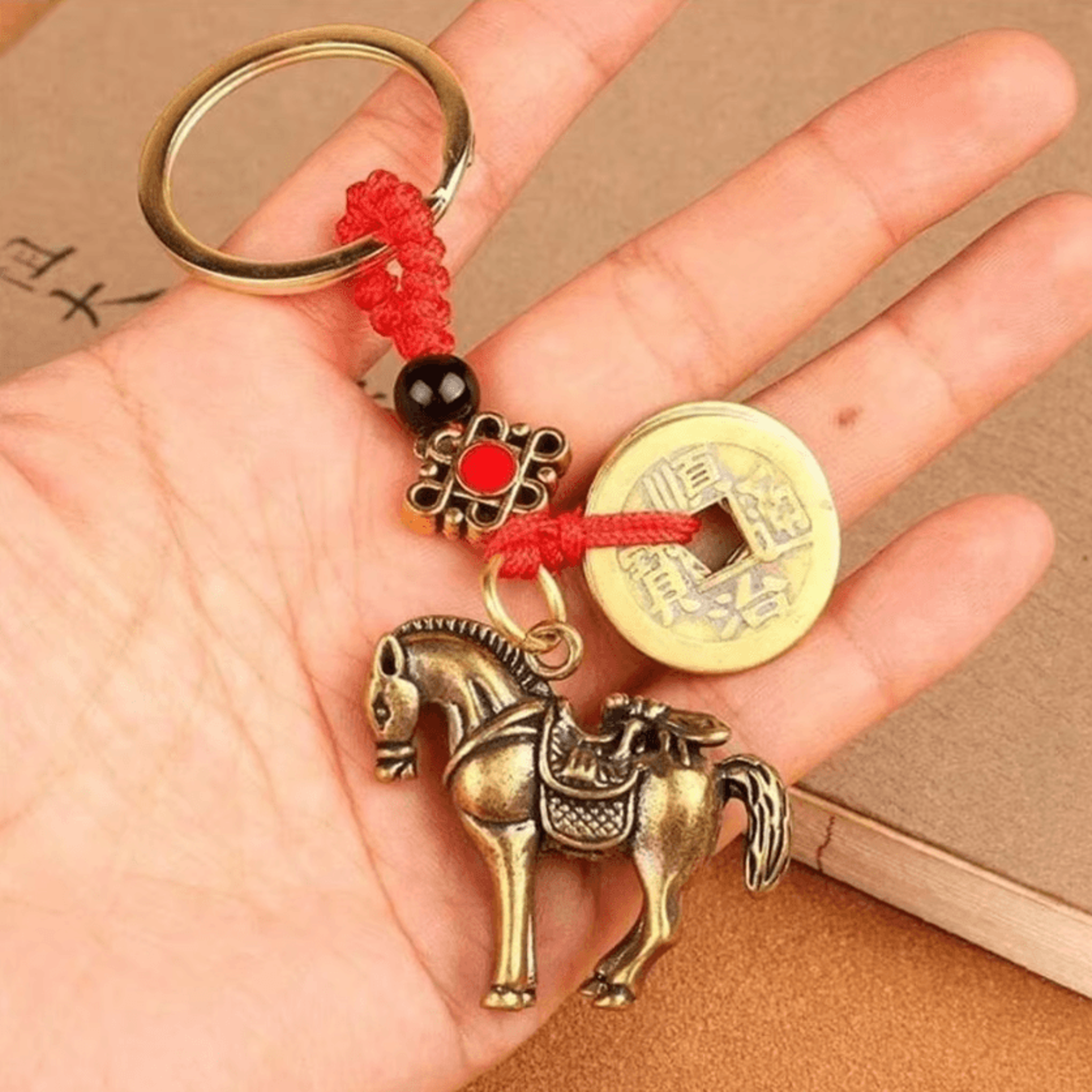 Brass Feng Shui Gourd Keychain With Fortune Coins And Chinese Knot For Luck And Prosperity 2