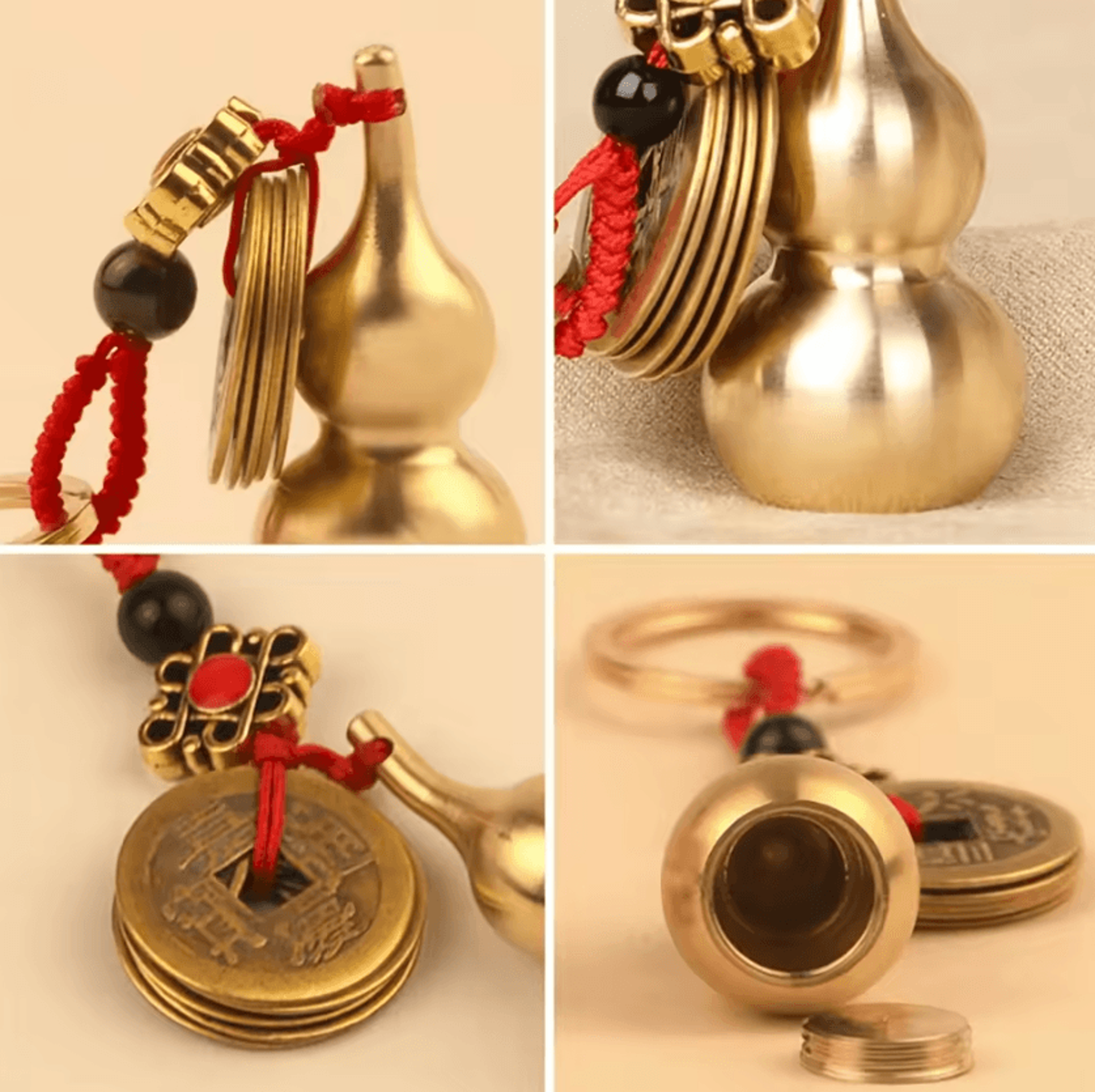 Brass Feng Shui Gourd Keychain With Fortune Coins And Chinese Knot For Luck And Prosperity 3