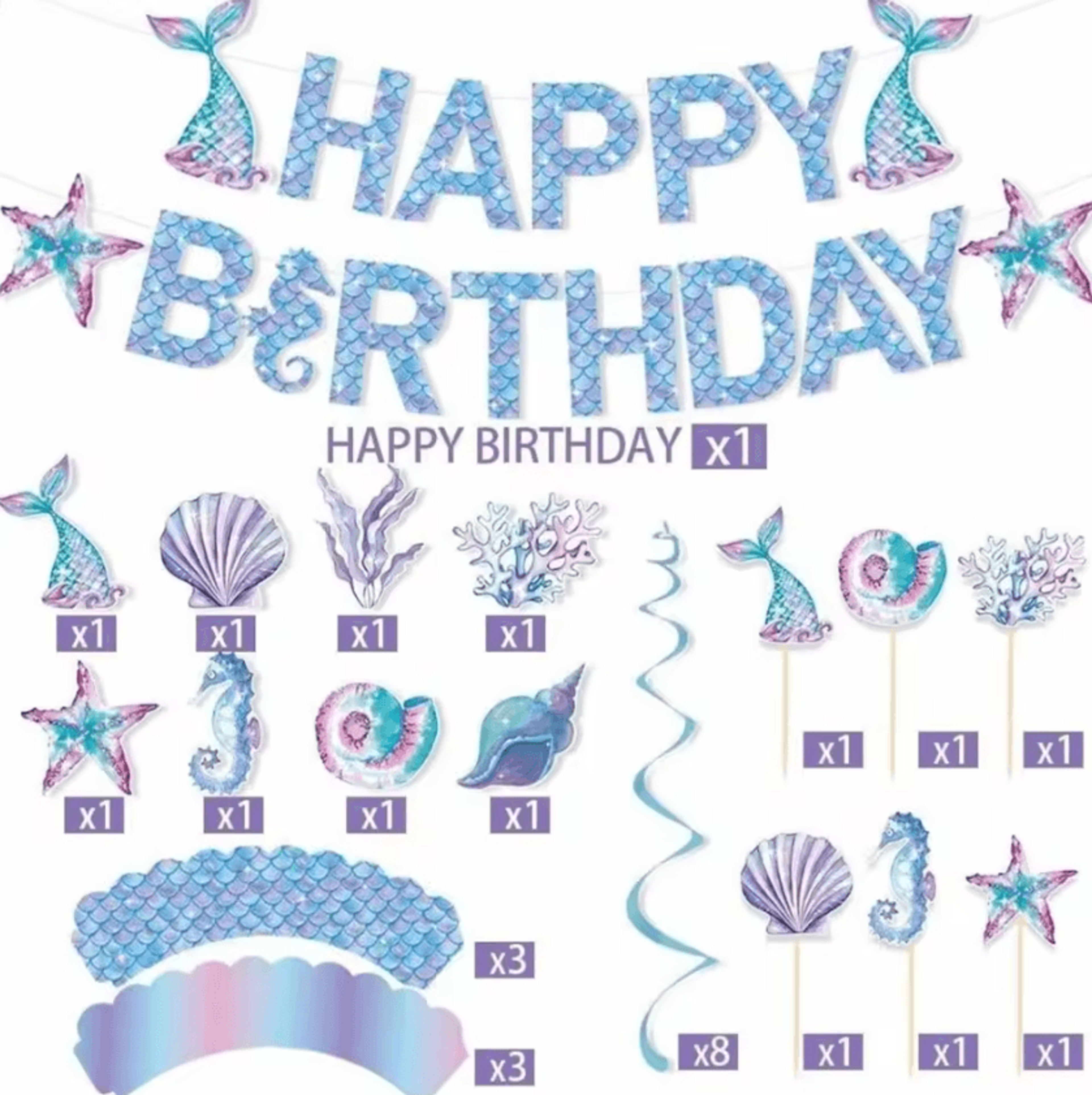 Mermaid Birthday Cake Topper Set Reusable Cupcake Decorations For Girls Party 3