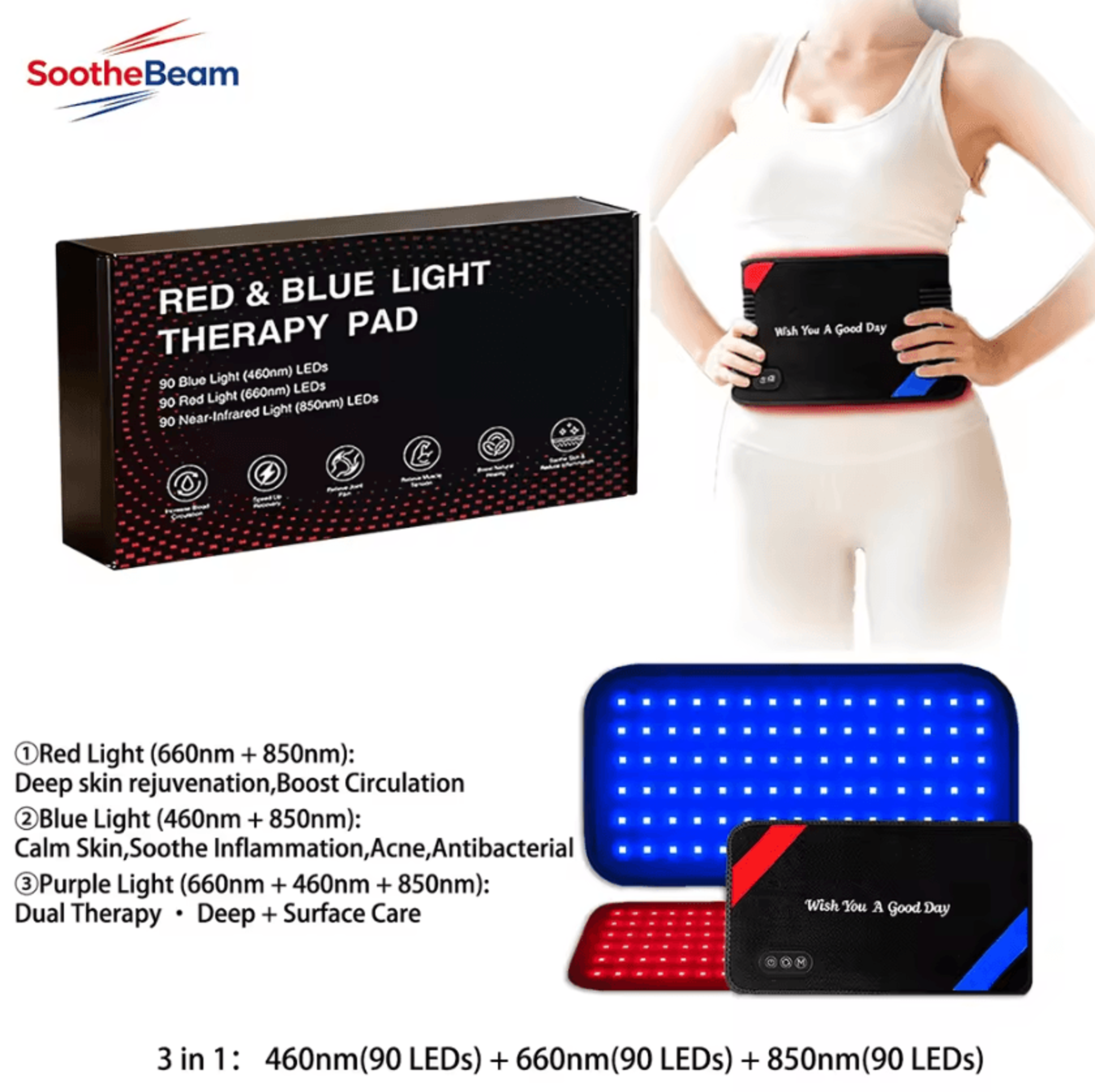90 LED Red Blue And Near Infrared Light Therapy Belt For Home Wellness 0