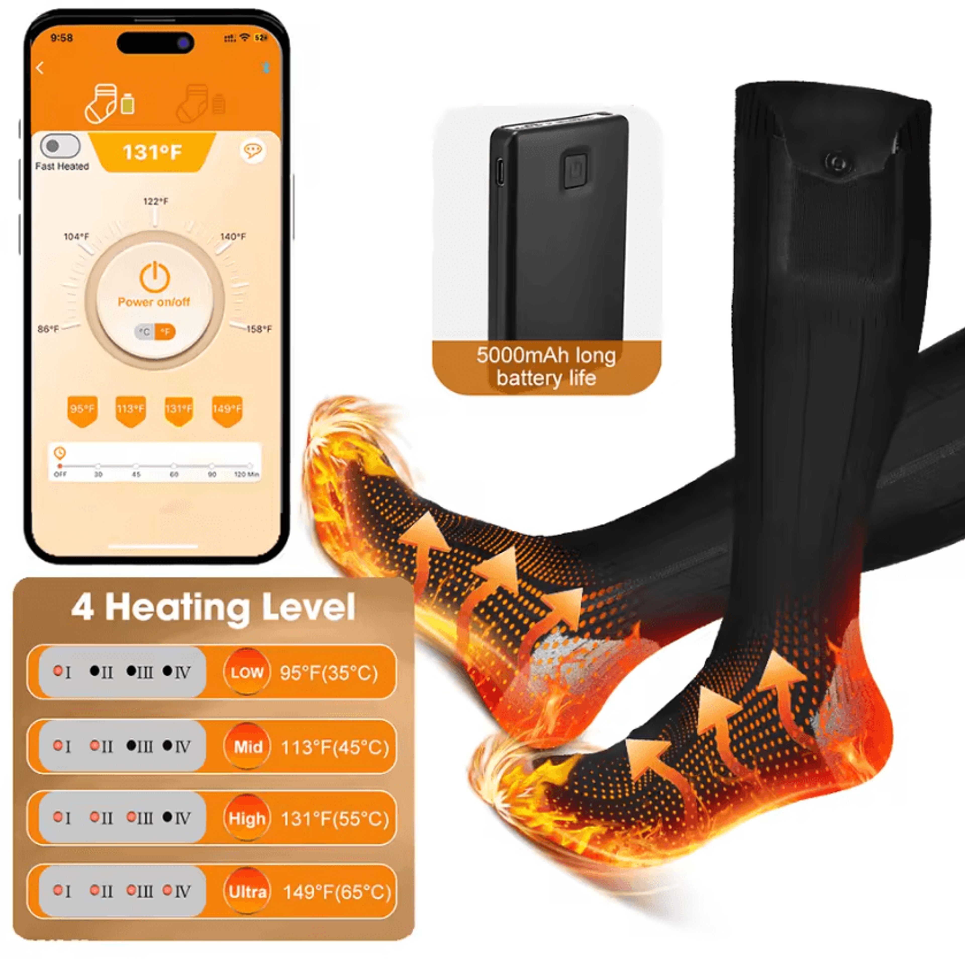 5000mAh Heated Socks With App Control  Rechargeable Electric Heated Socks For Winter Sports  Outdoo 0