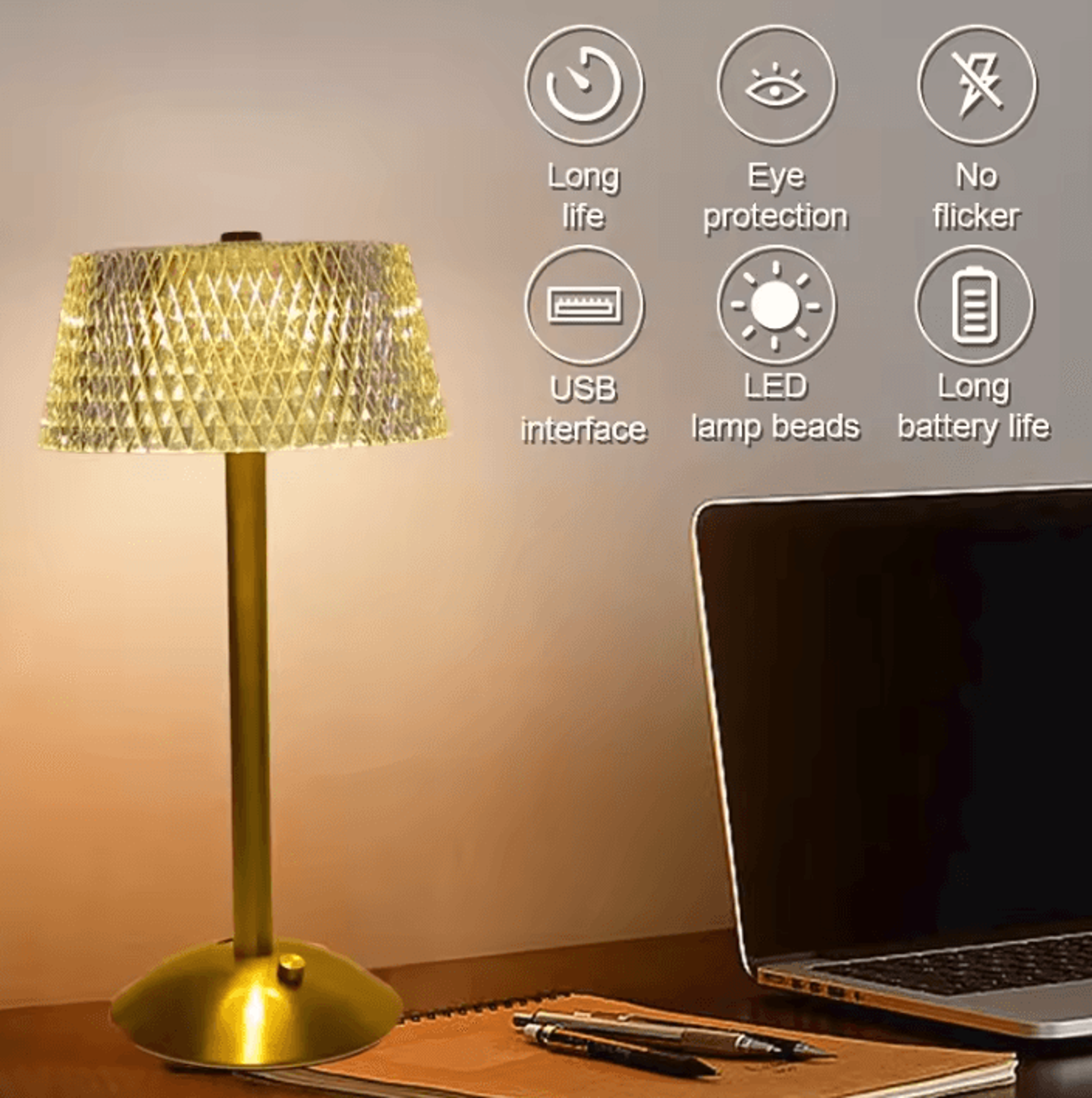 Rechargeable Crystal LED Table Lamp With Diamond Pattern 2