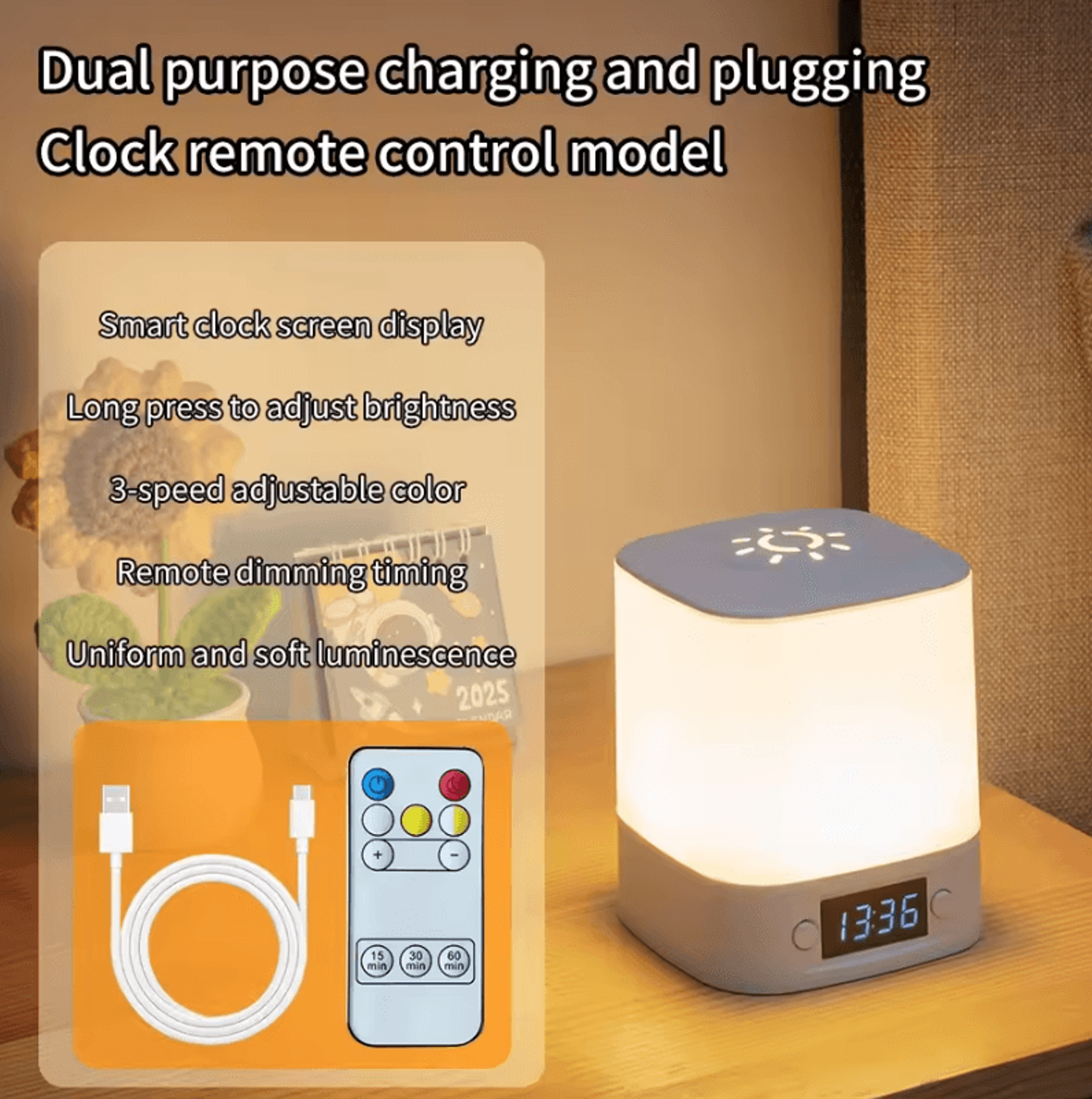 Rechargeable LED Table Lamp With Clock Display Touch Control  Remote 3 Color Dimmable Bedside Light 2