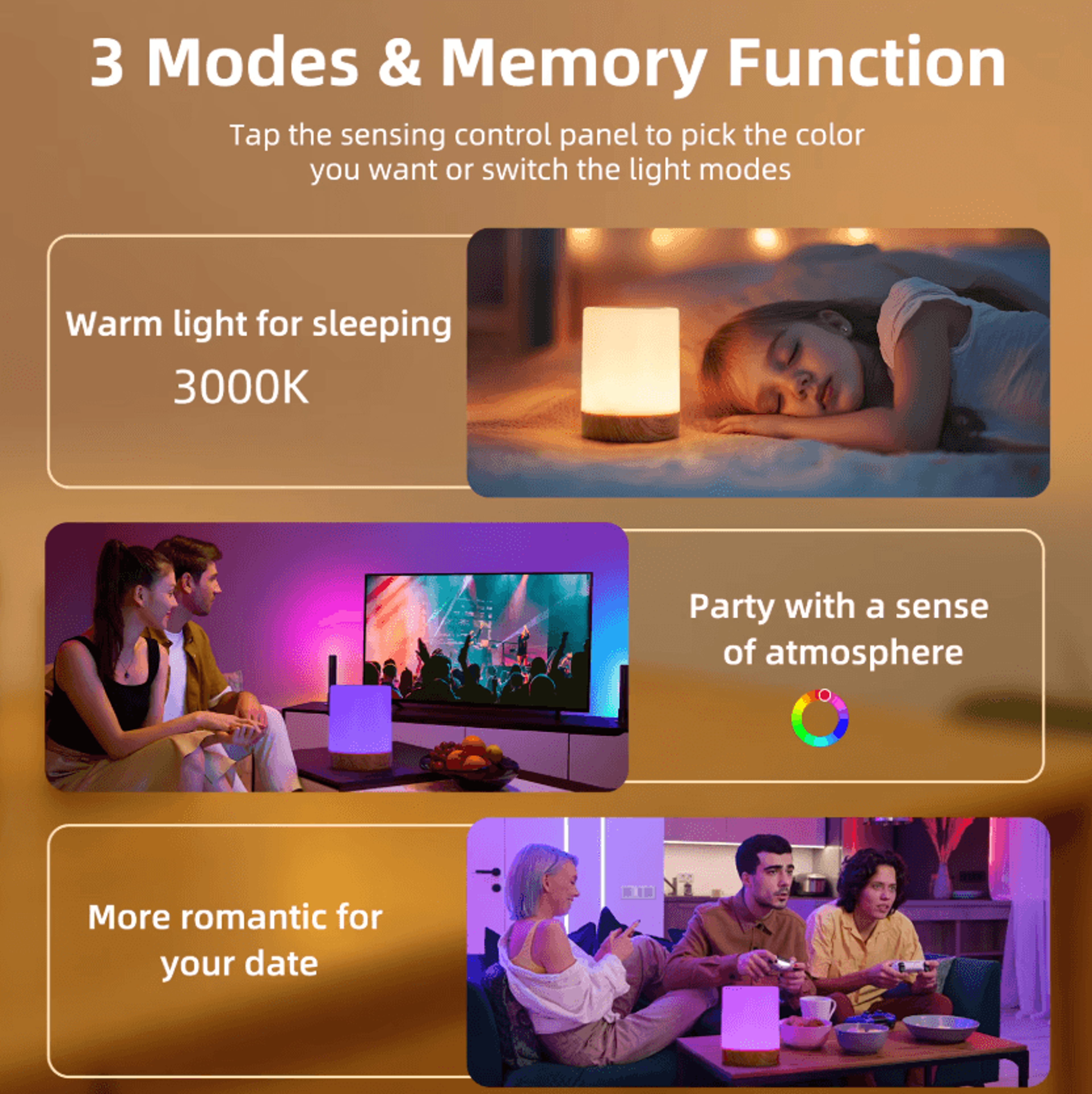 Rechargeable 16 Color LED Bedside Lamp Touch Dimmable Mood Light 3