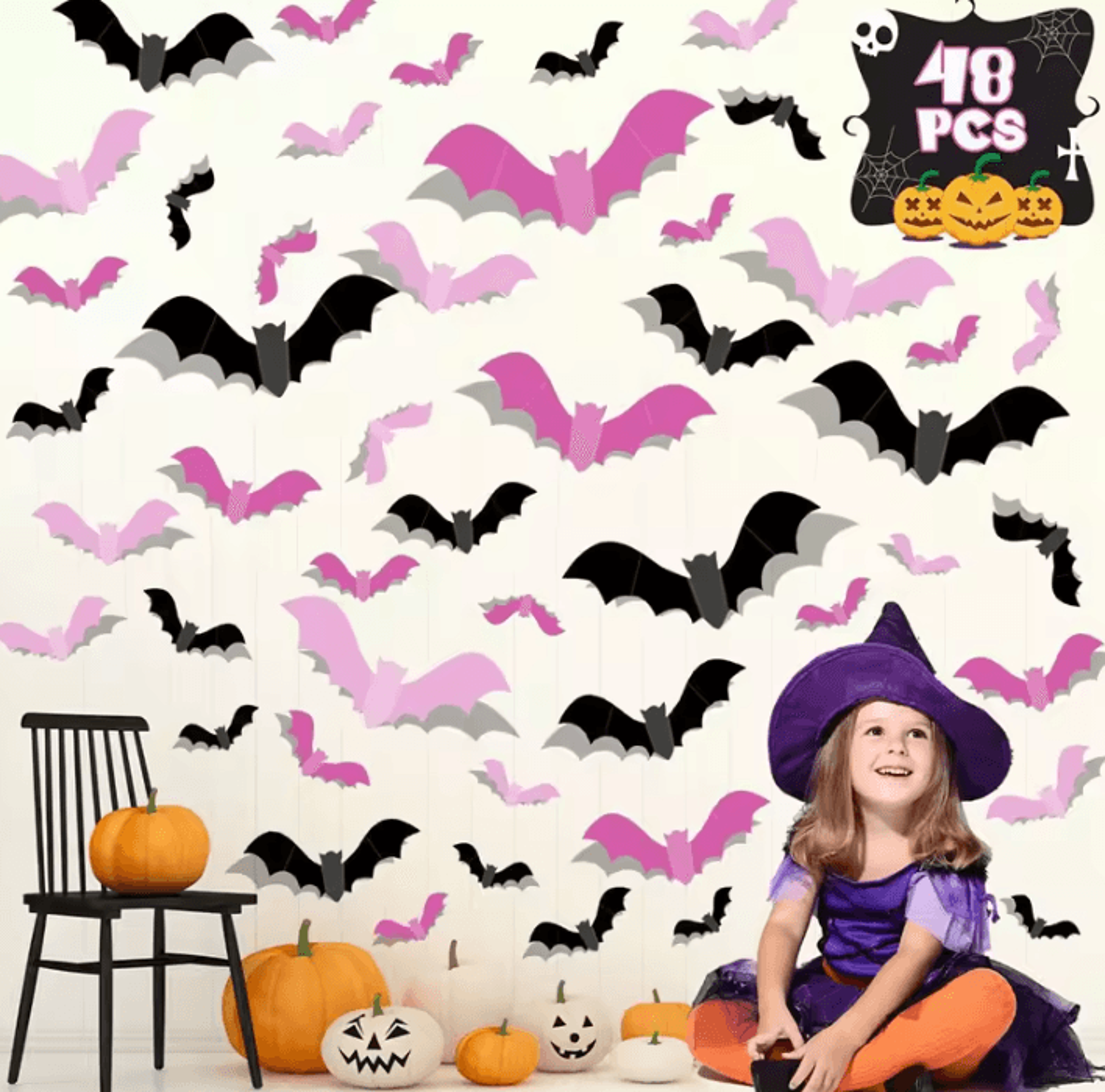 24PCS 3D Pink Halloween Bat Window Stickers Removable Wall Decals 3