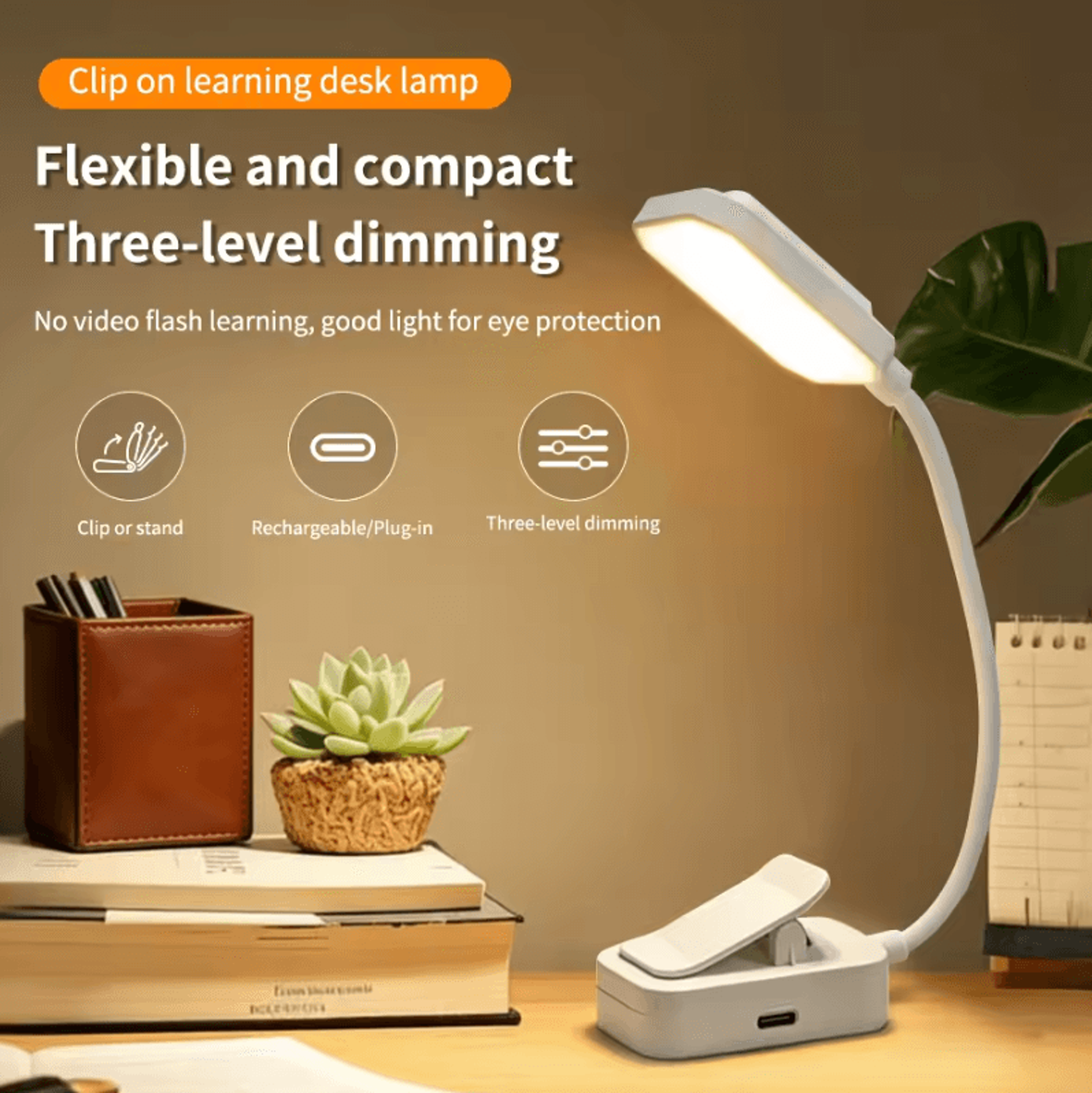 TypeC Rechargeable LED Clip On Desk Lamp  360 Gooseneck Dimmable Reading Light 3