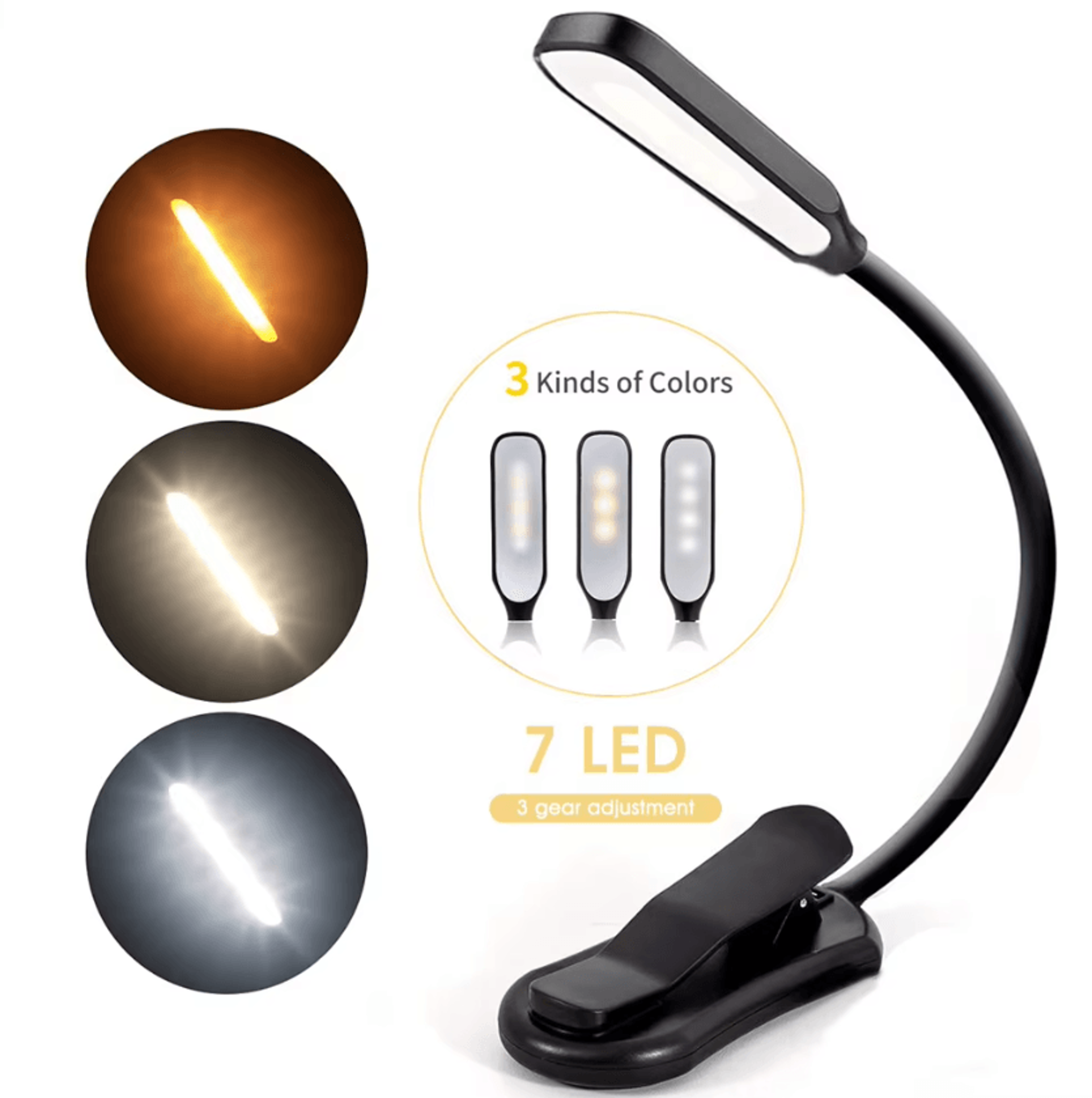 7 LED Rechargeable Clip On Book Light  3 Color Flexible Reading Lamp 0