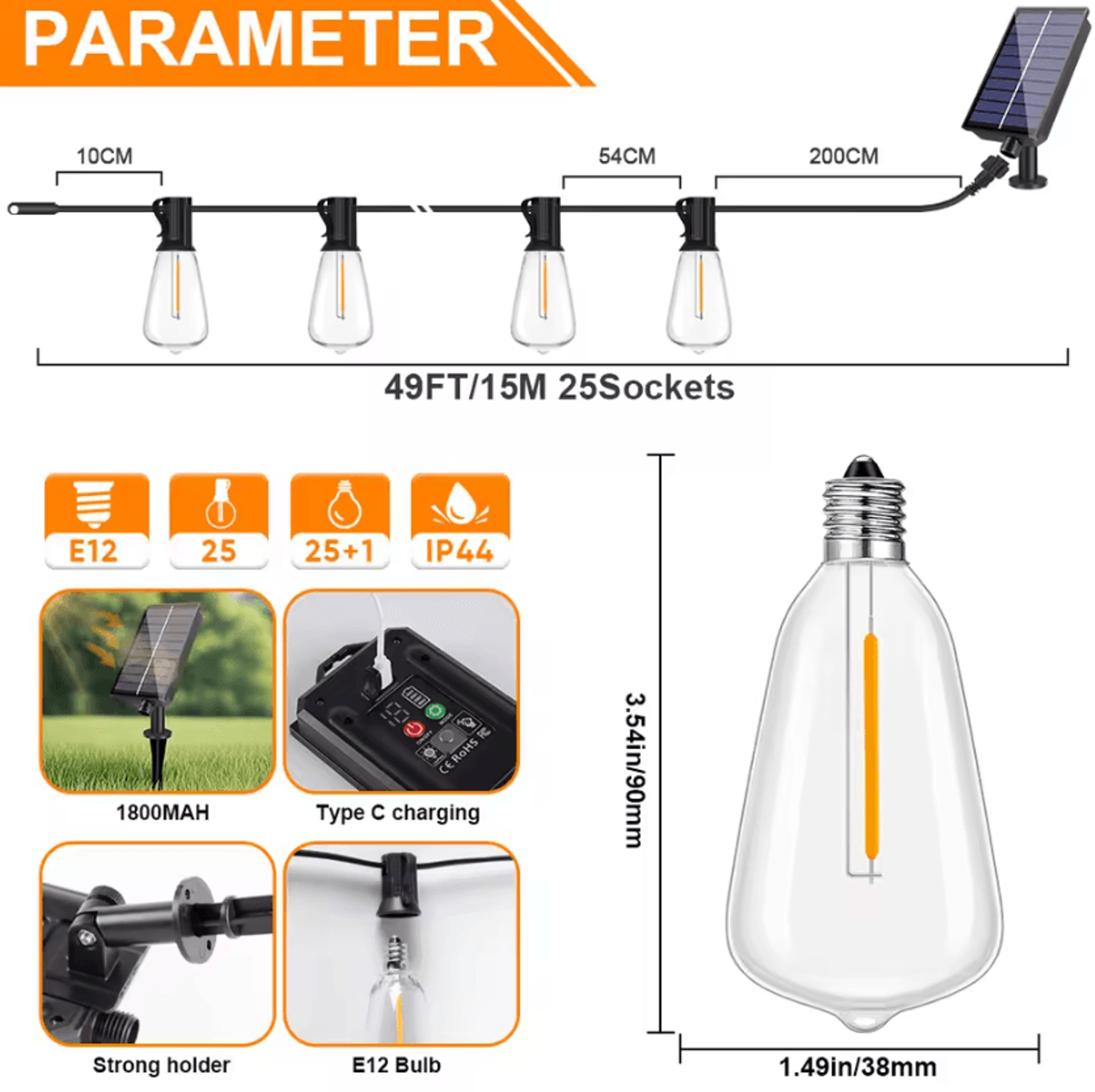 ST38 Solar Bistro String Lights  Dimmable Shatterproof Outdoor Lights With Remote 5