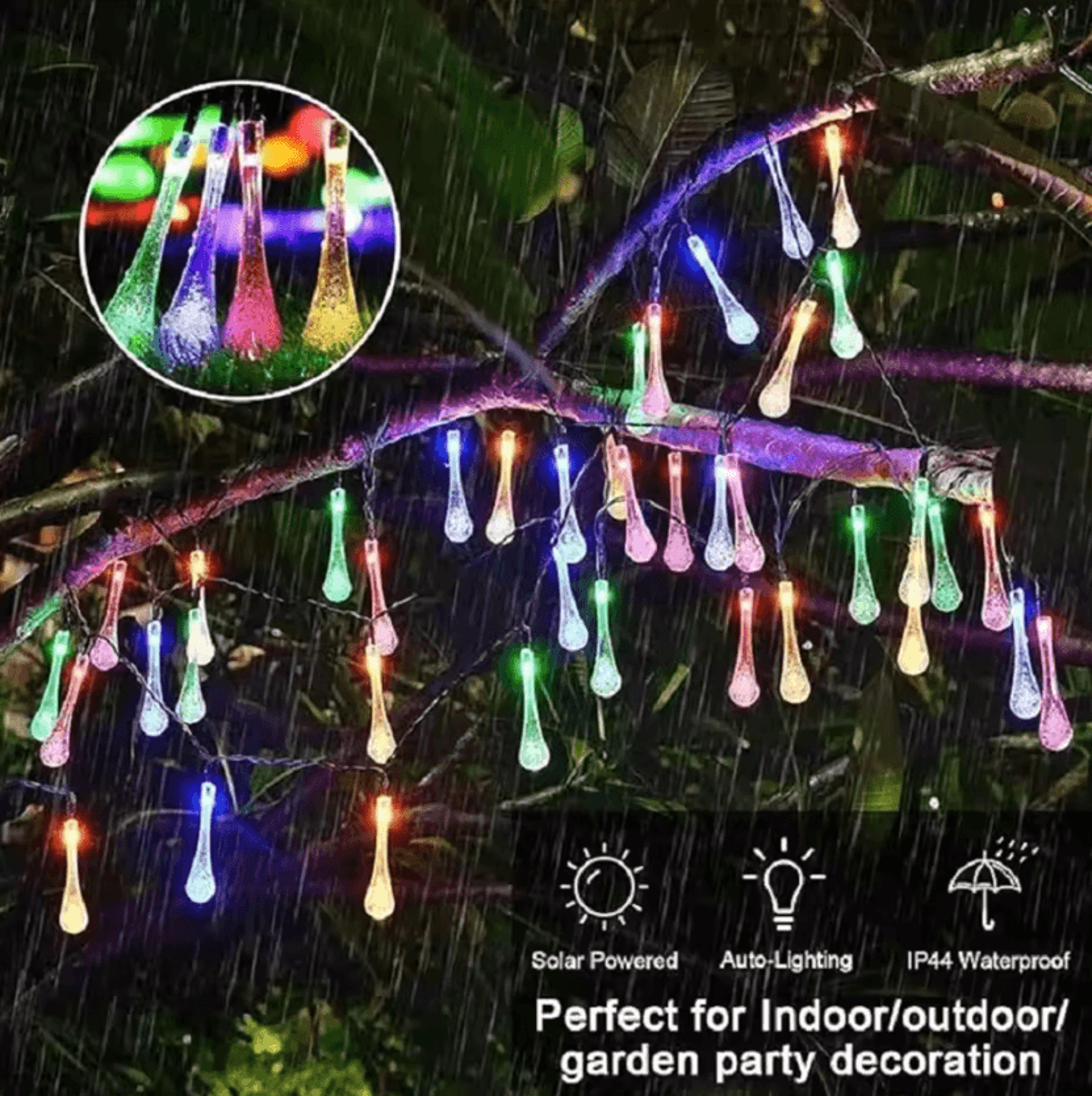 Solar Water Drop String Lights  Waterproof Outdoor Garden Fairy Lights 2