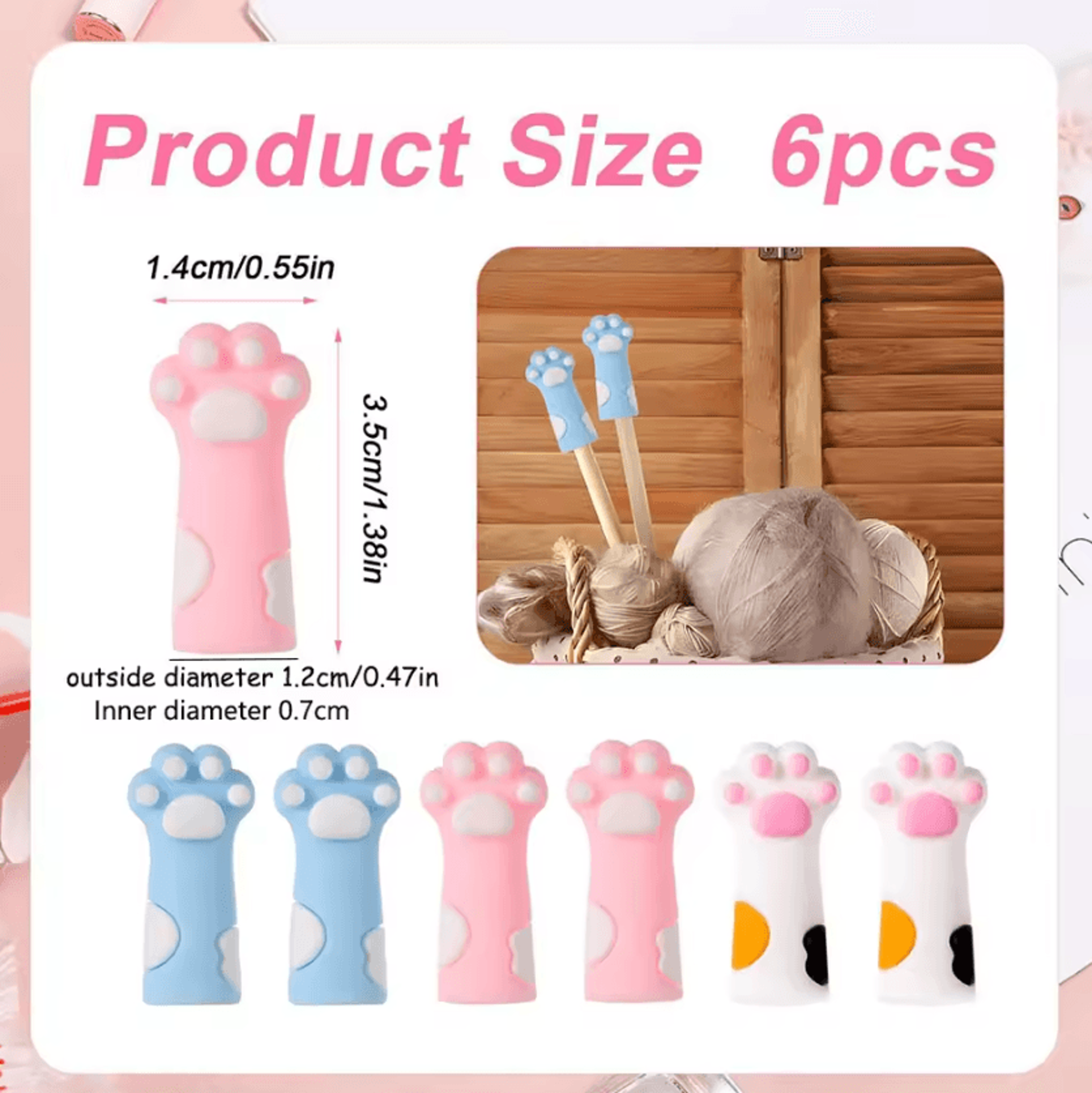 6Piece Cat Paw Silicone Knitting Needle Stoppers 0