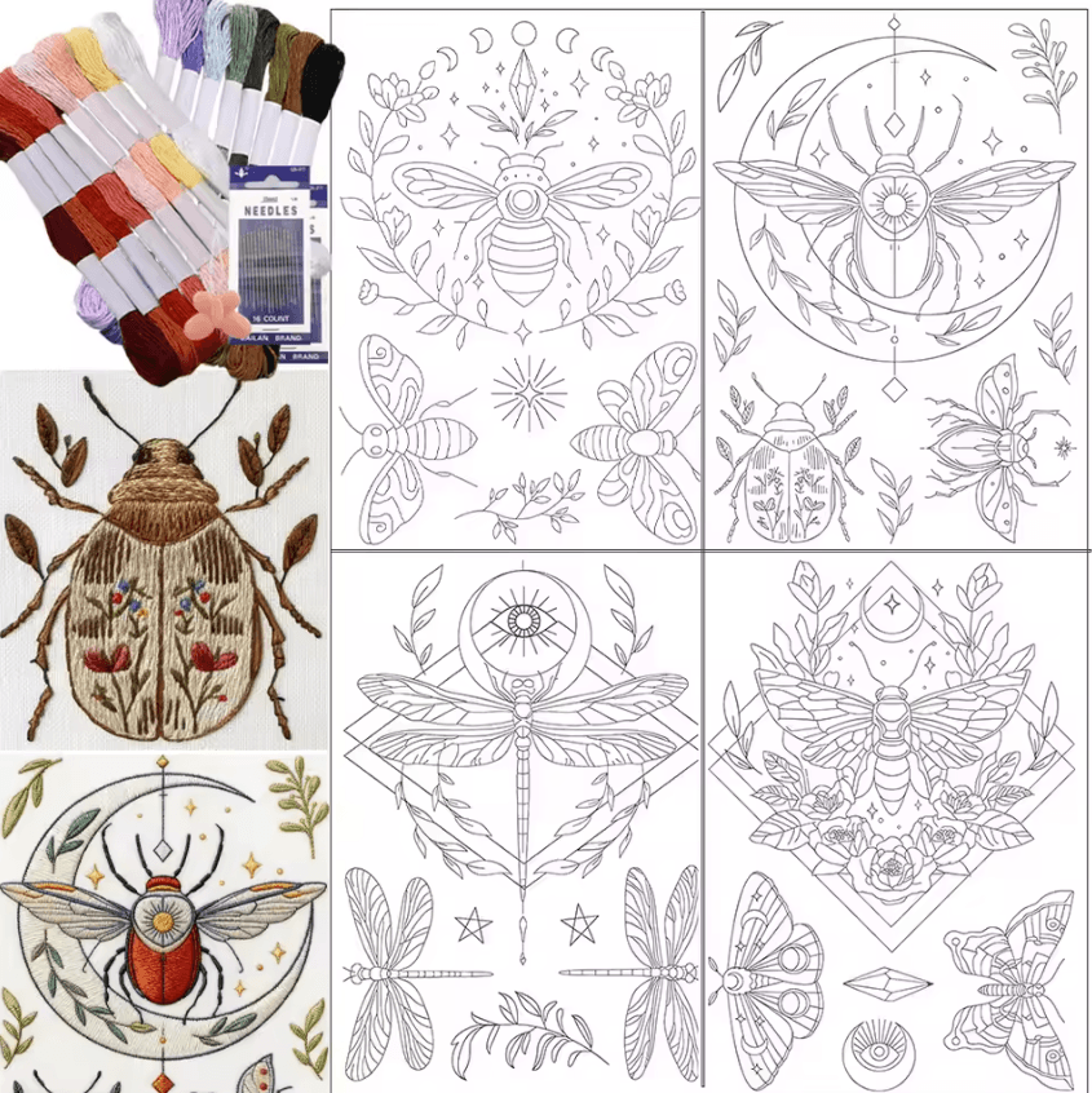 12Pcs Insect Stick And Stitch Embroidery Kit  Water Soluble Patterns With Metallic Threads 9