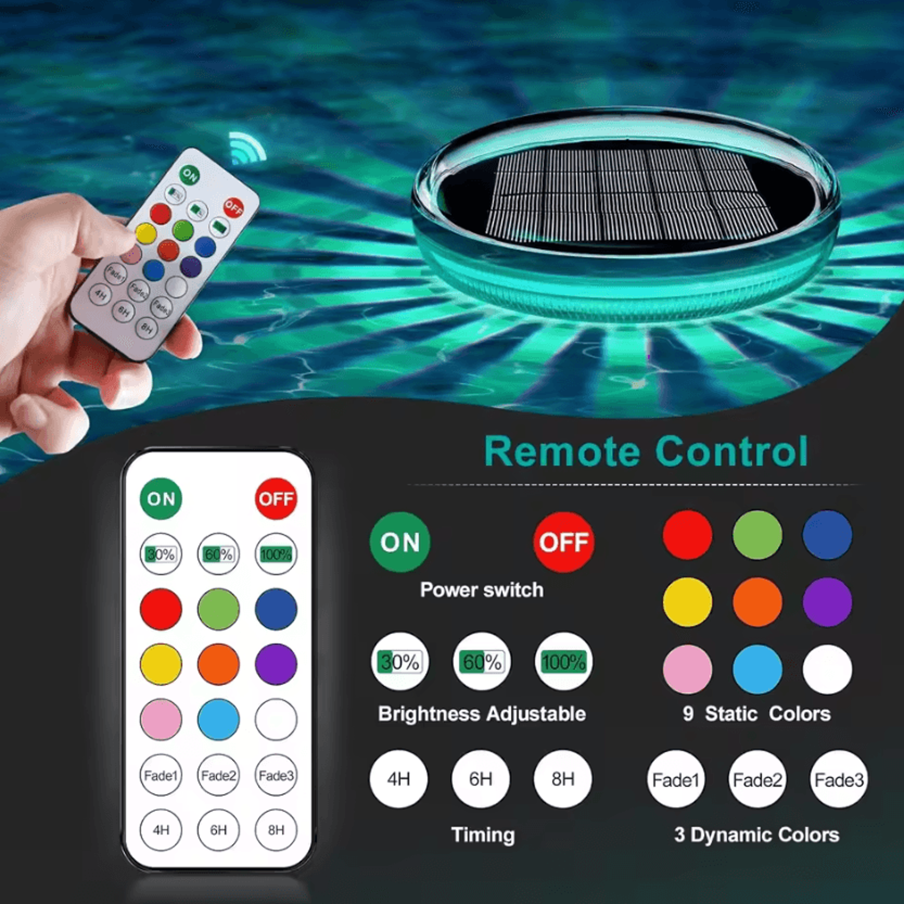 Solar Rechargeable Floating RGB Pool Light With Remote Control 2