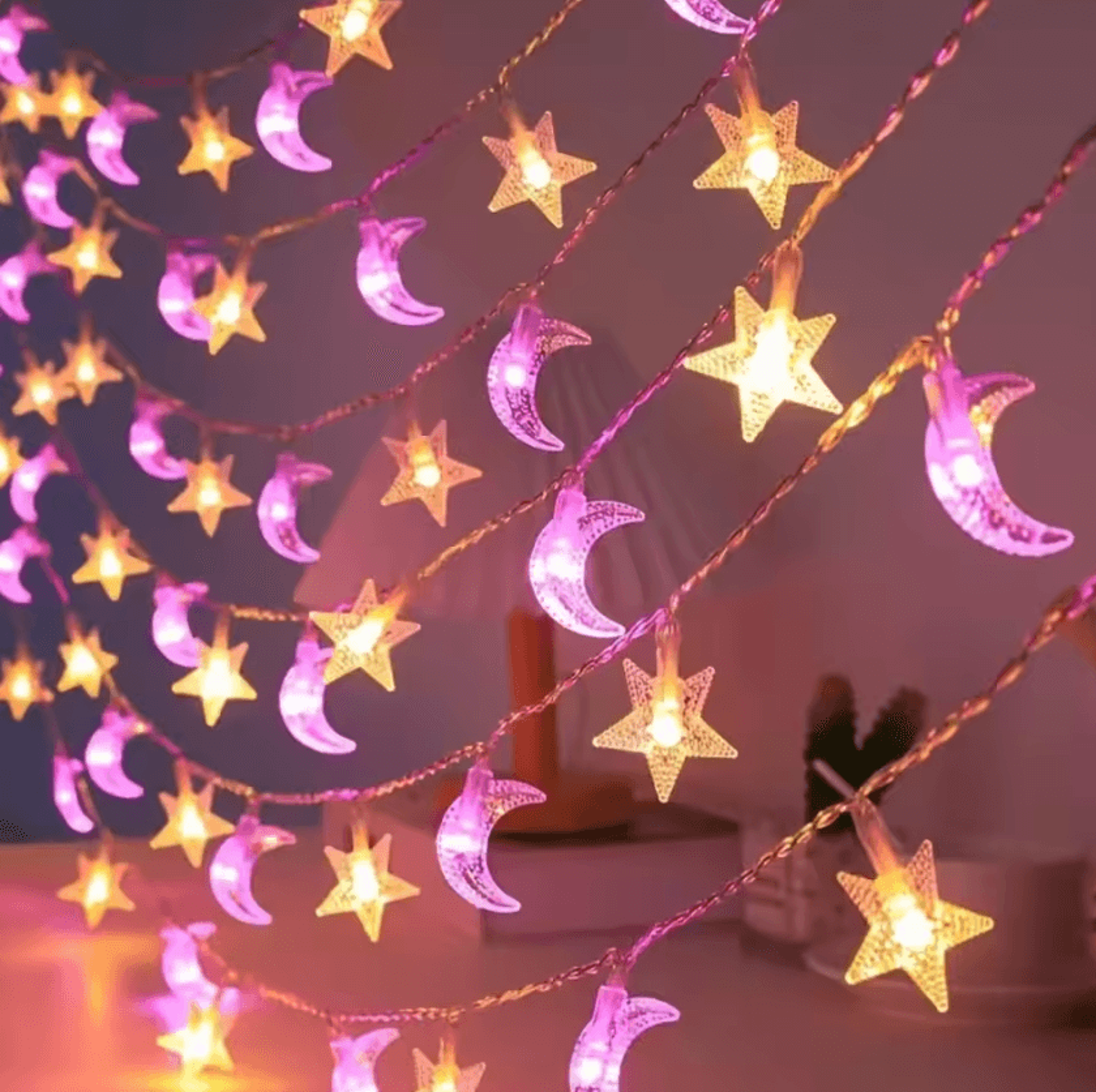 Pink Moon And Star String Lights Battery Powered Fairy Decor 5