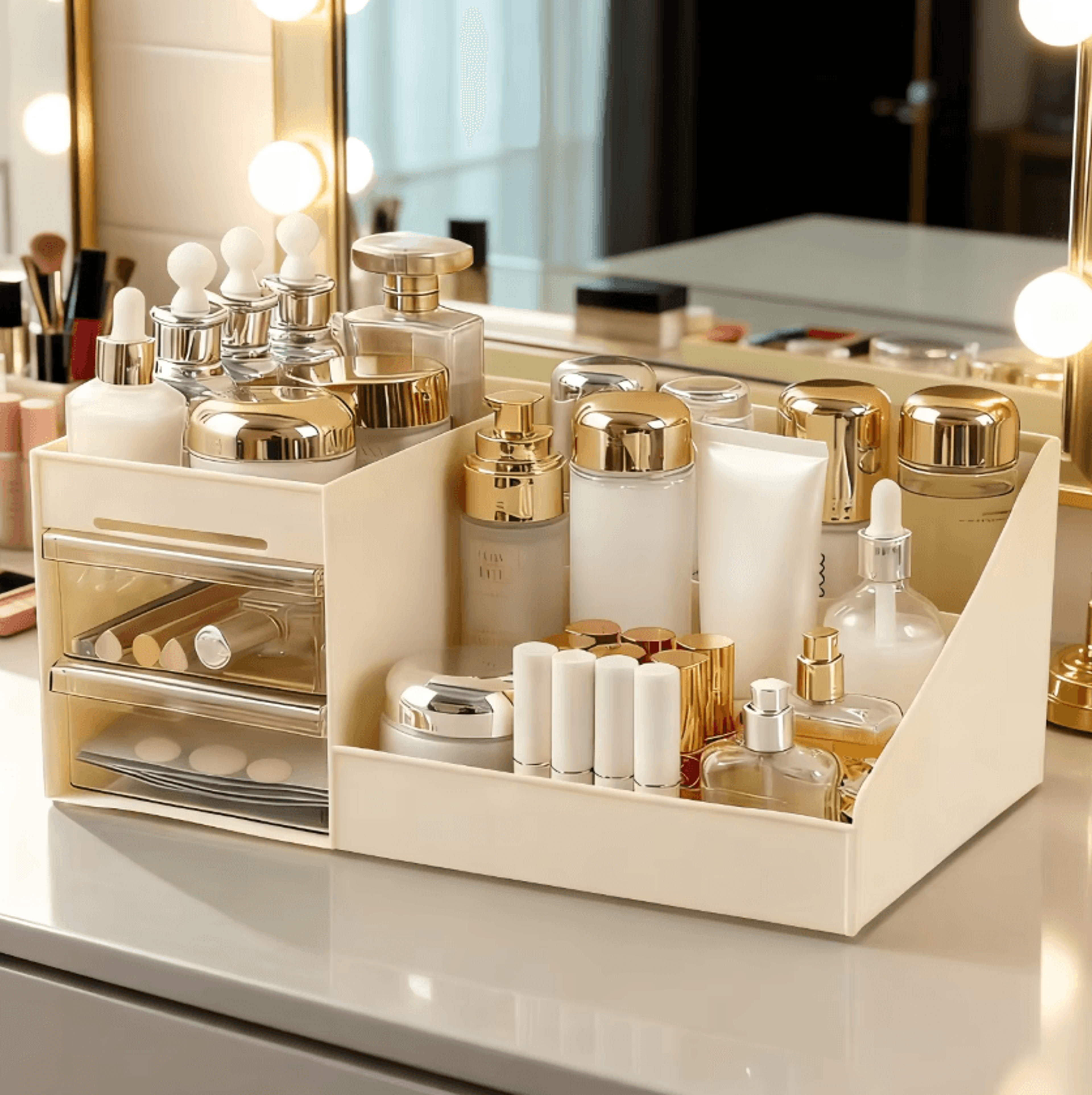 Compact Makeup Organizer With 2 Drawers And 6 Compartments 0