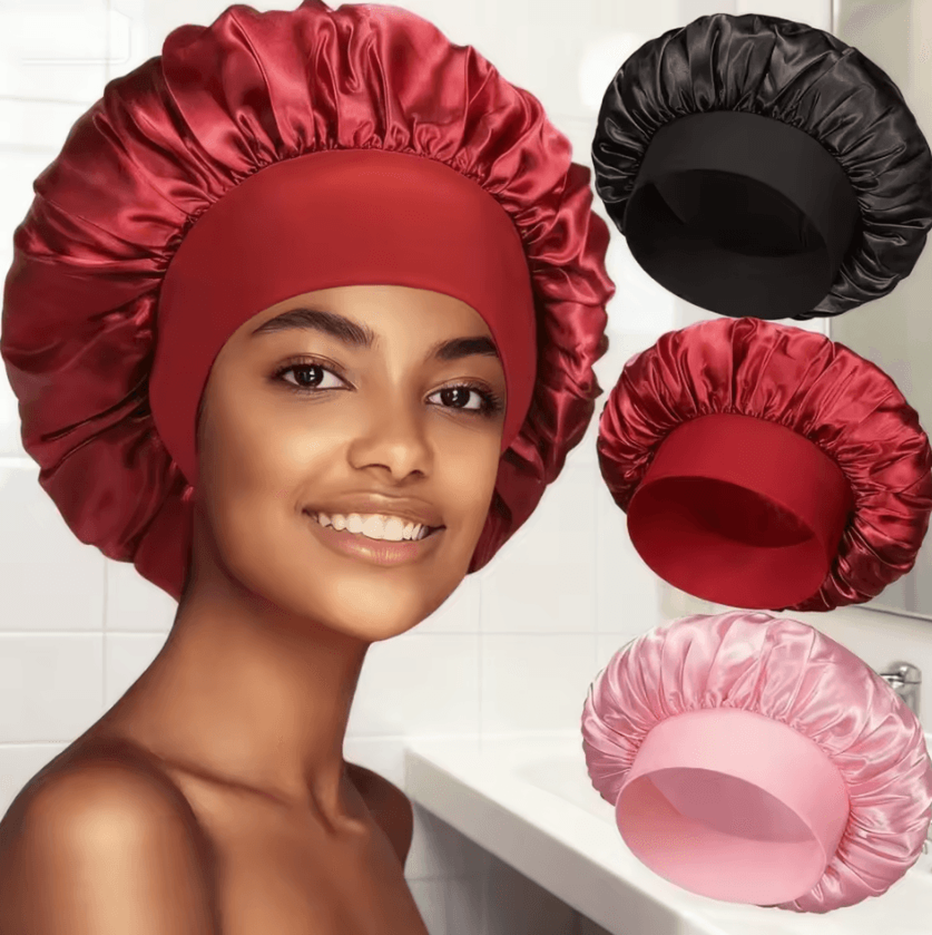 Double Layer Satin Sleep Bonnet With Elastic Band 0