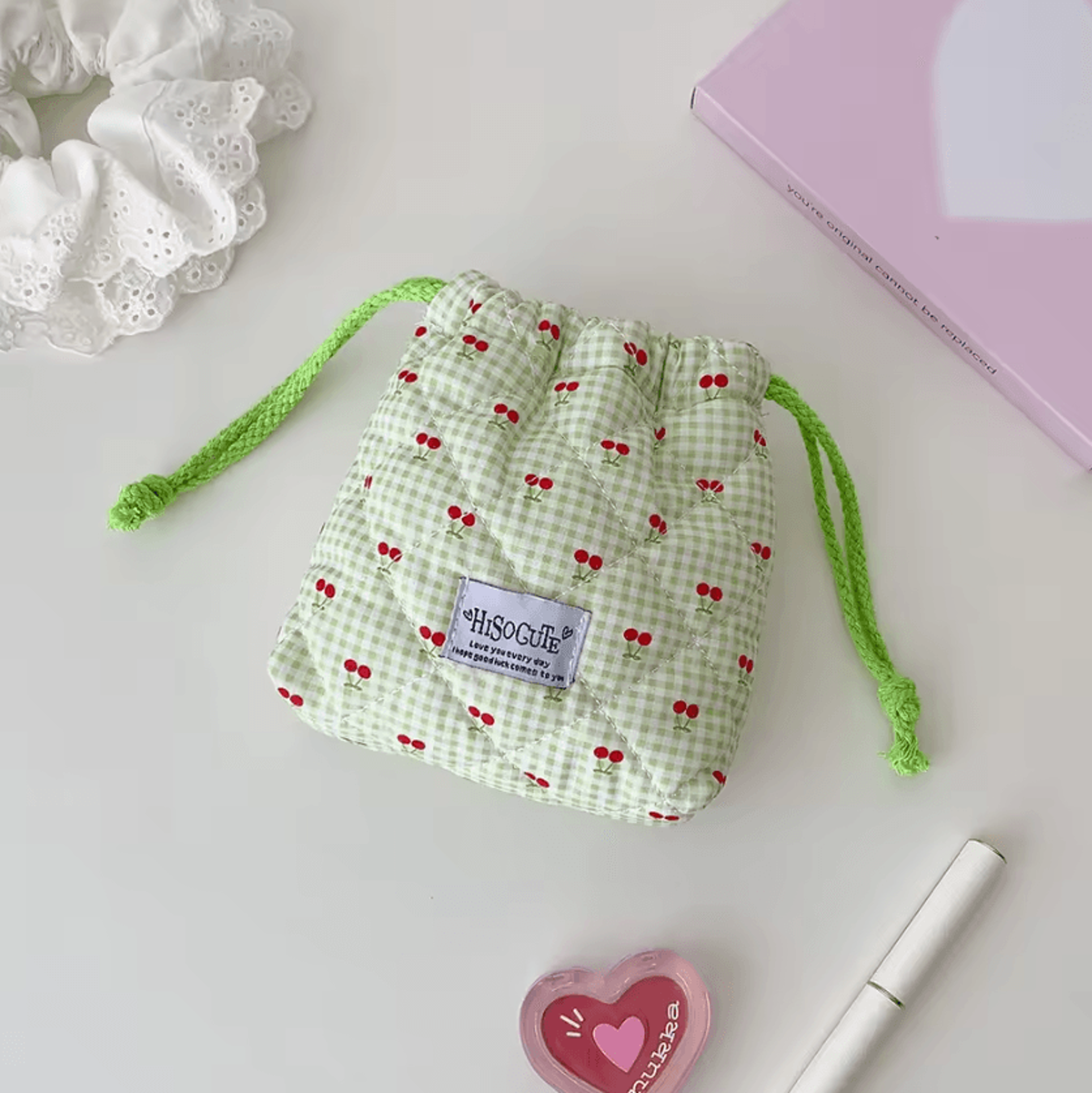 Cotton Quilted Drawstring Makeup Bag For Travel 7