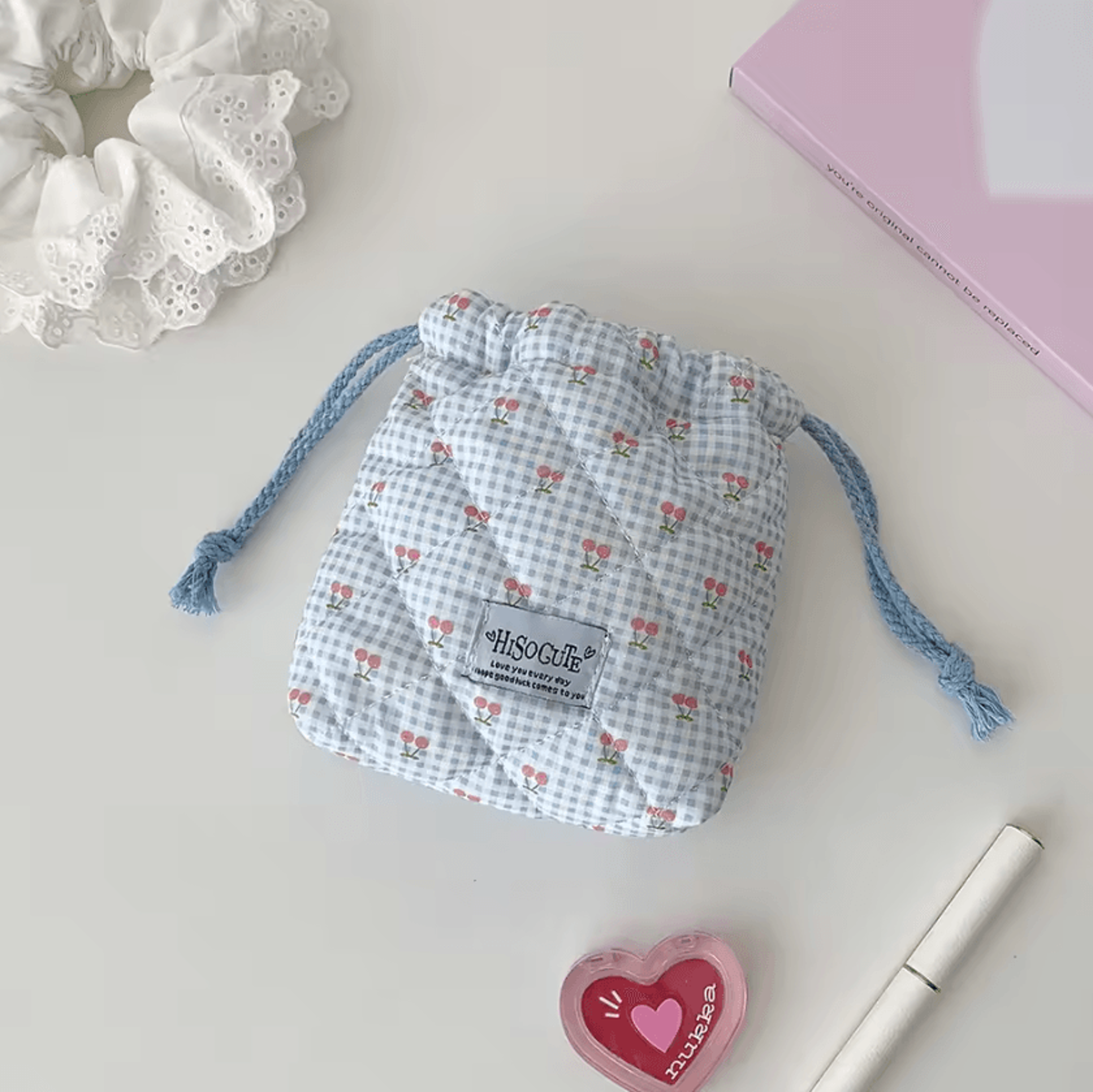 Cotton Quilted Drawstring Makeup Bag For Travel 4