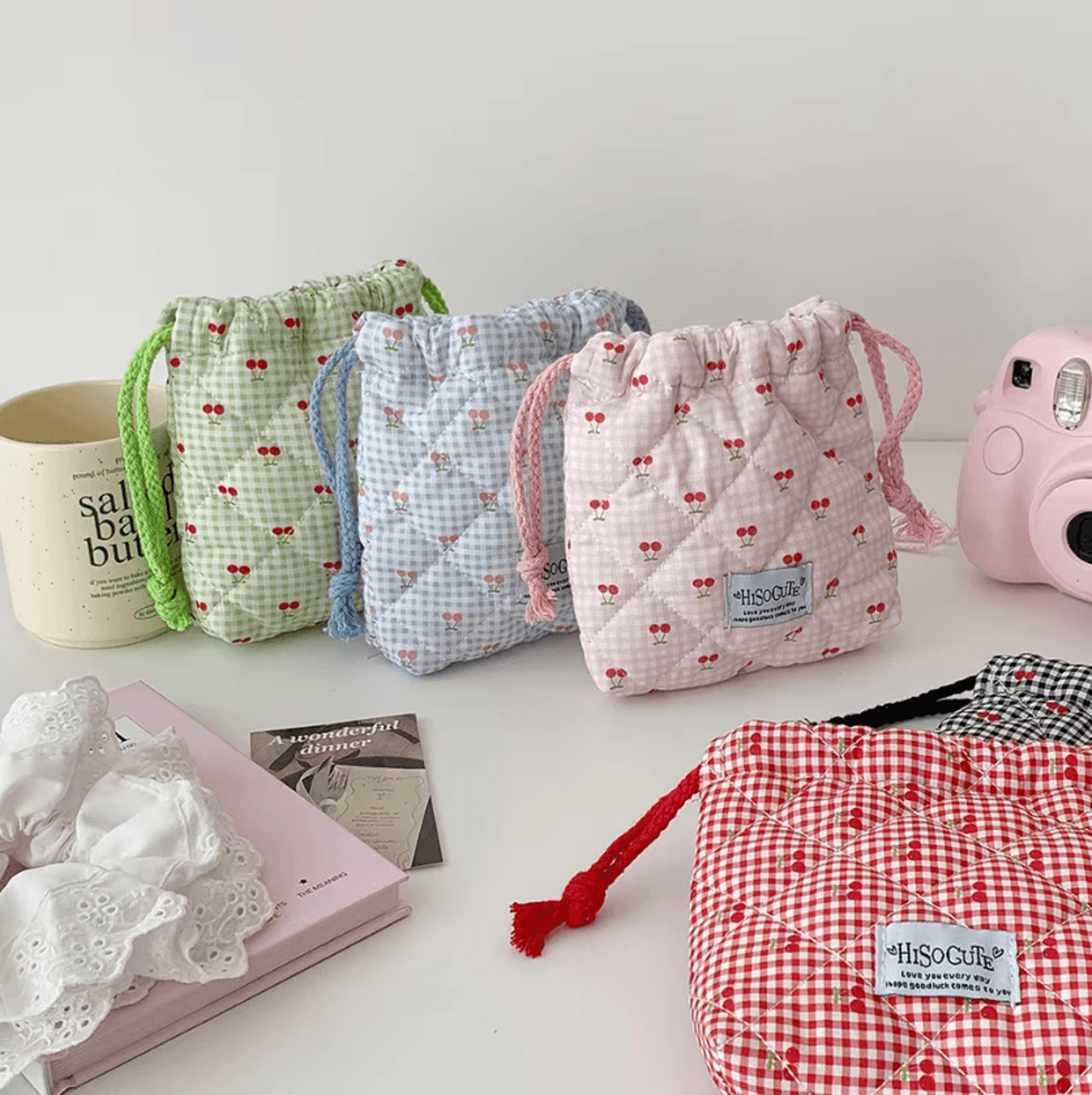 Cotton Quilted Drawstring Makeup Bag For Travel 2