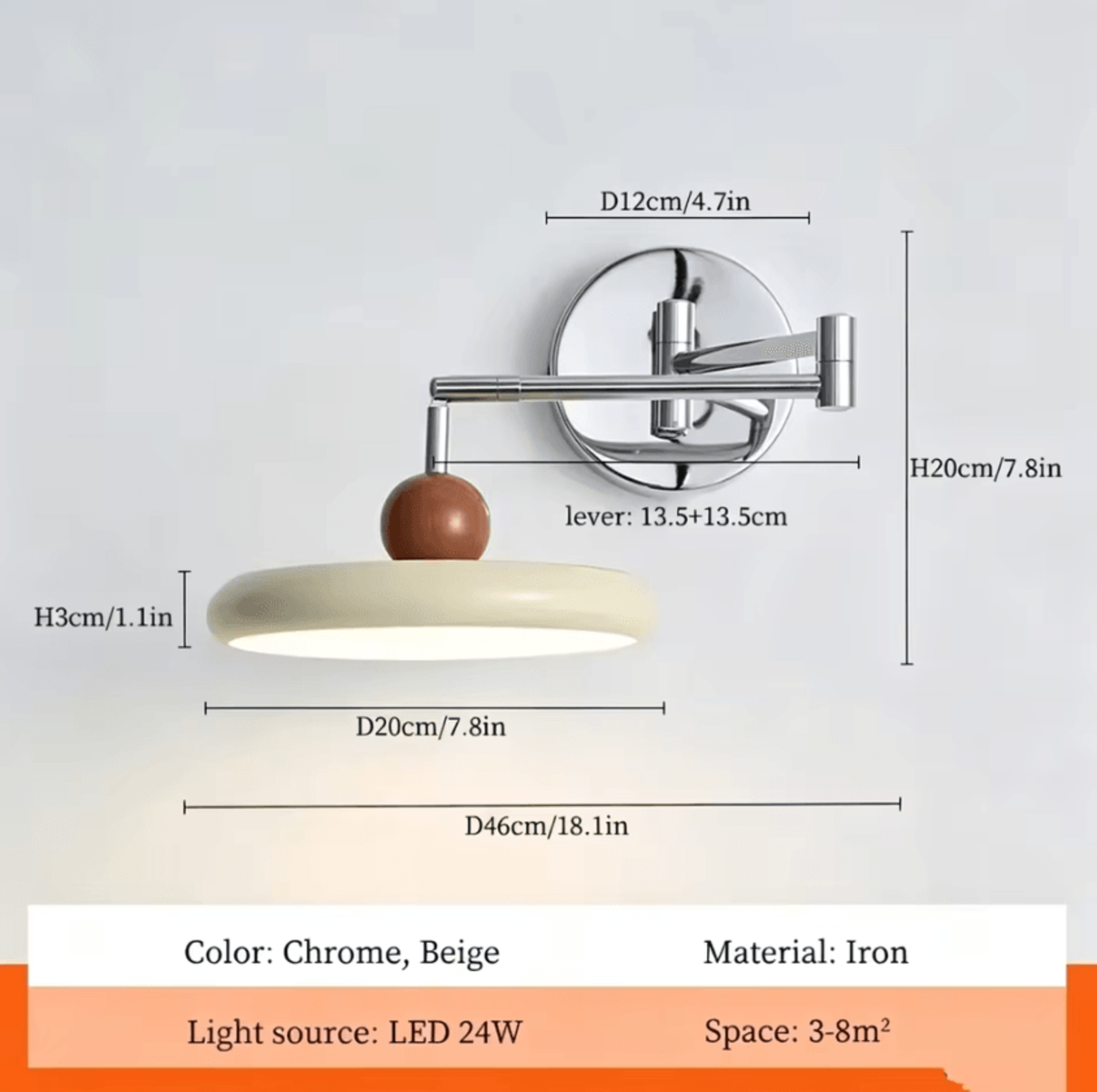Modern Cream Swing Arm LED Wall Lamp 6