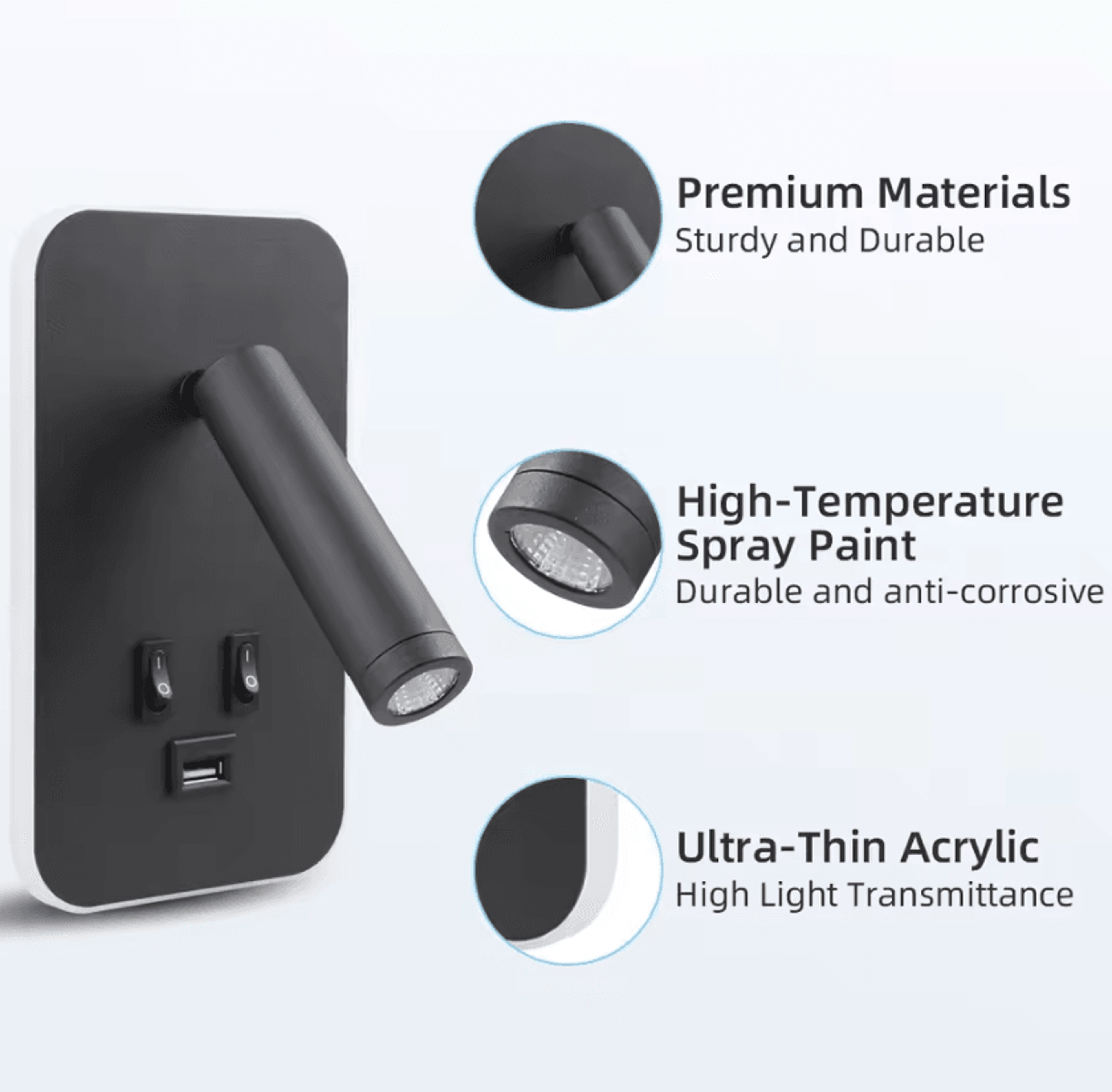13W Rotatable LED Bedside Reading Wall Lamp With USB 2