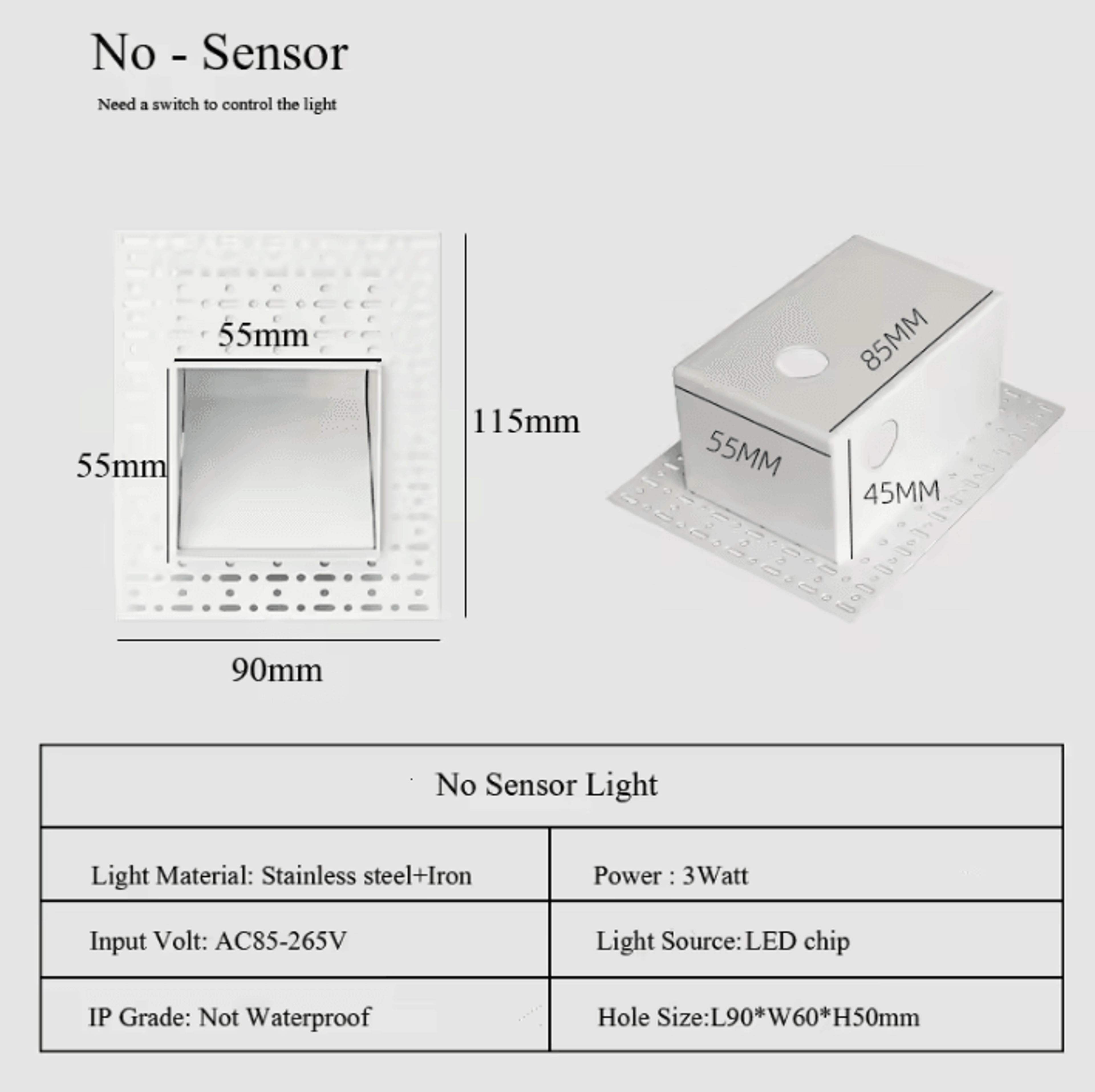 Frameless 3W Motion Sensor LED Step Light 8