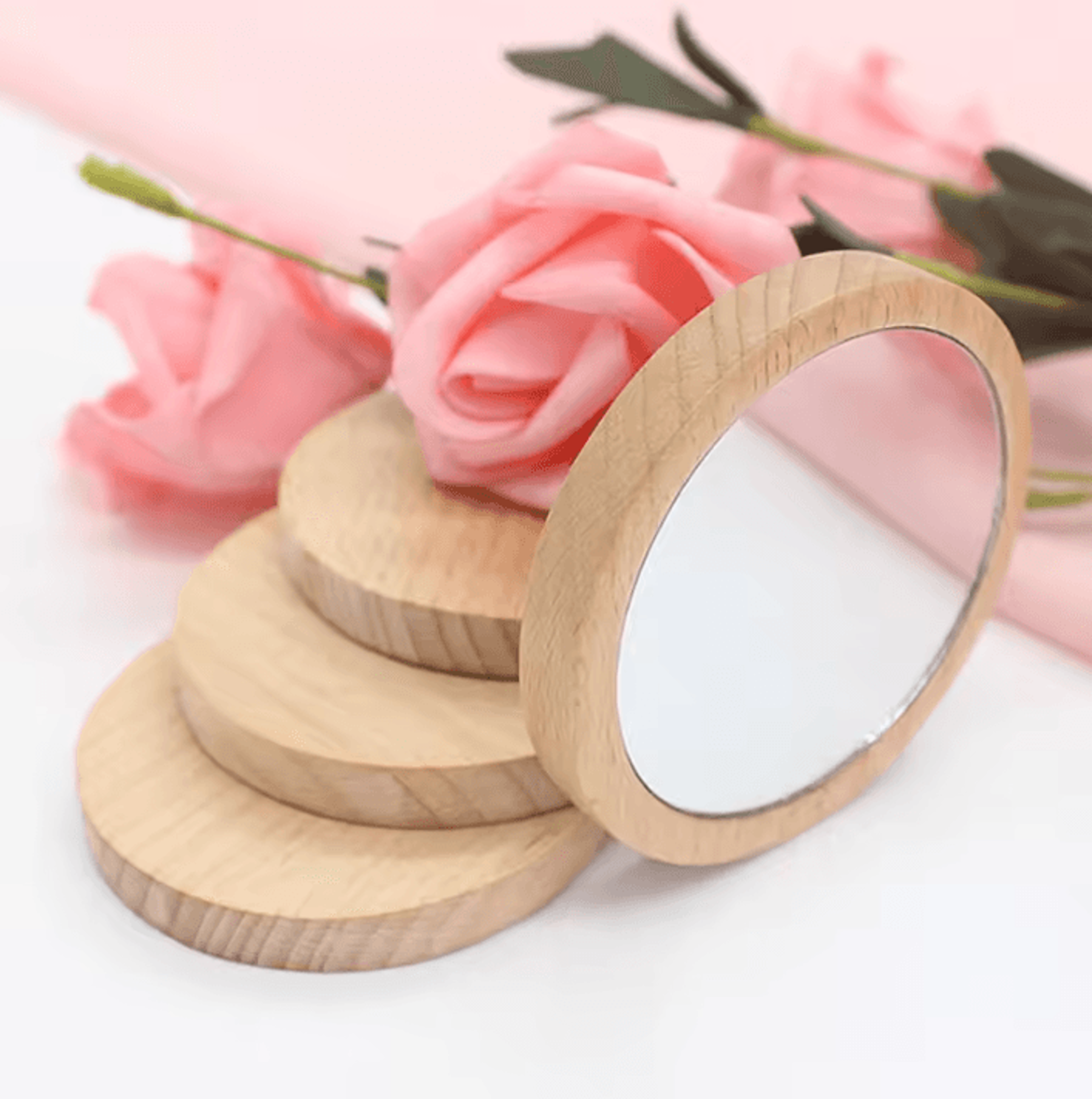 10 Piece Mini Wooden Round Pocket Makeup Mirror Set 3