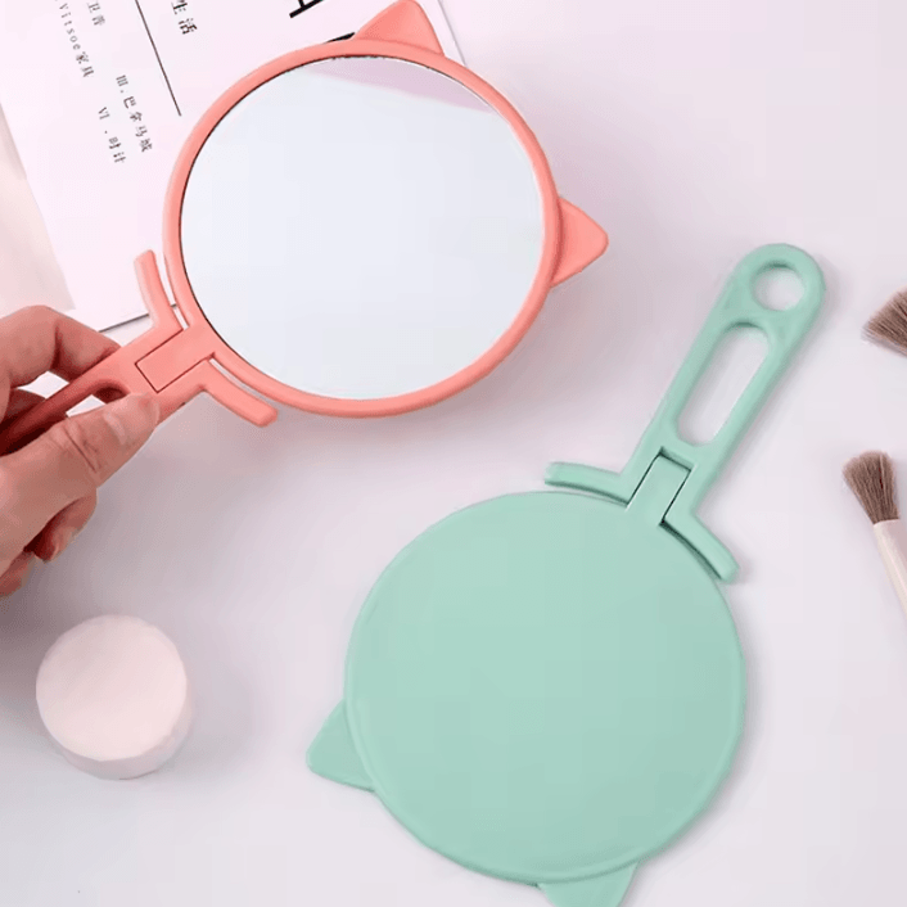 Cute Cat Ear Foldable Handheld Makeup Mirror 3