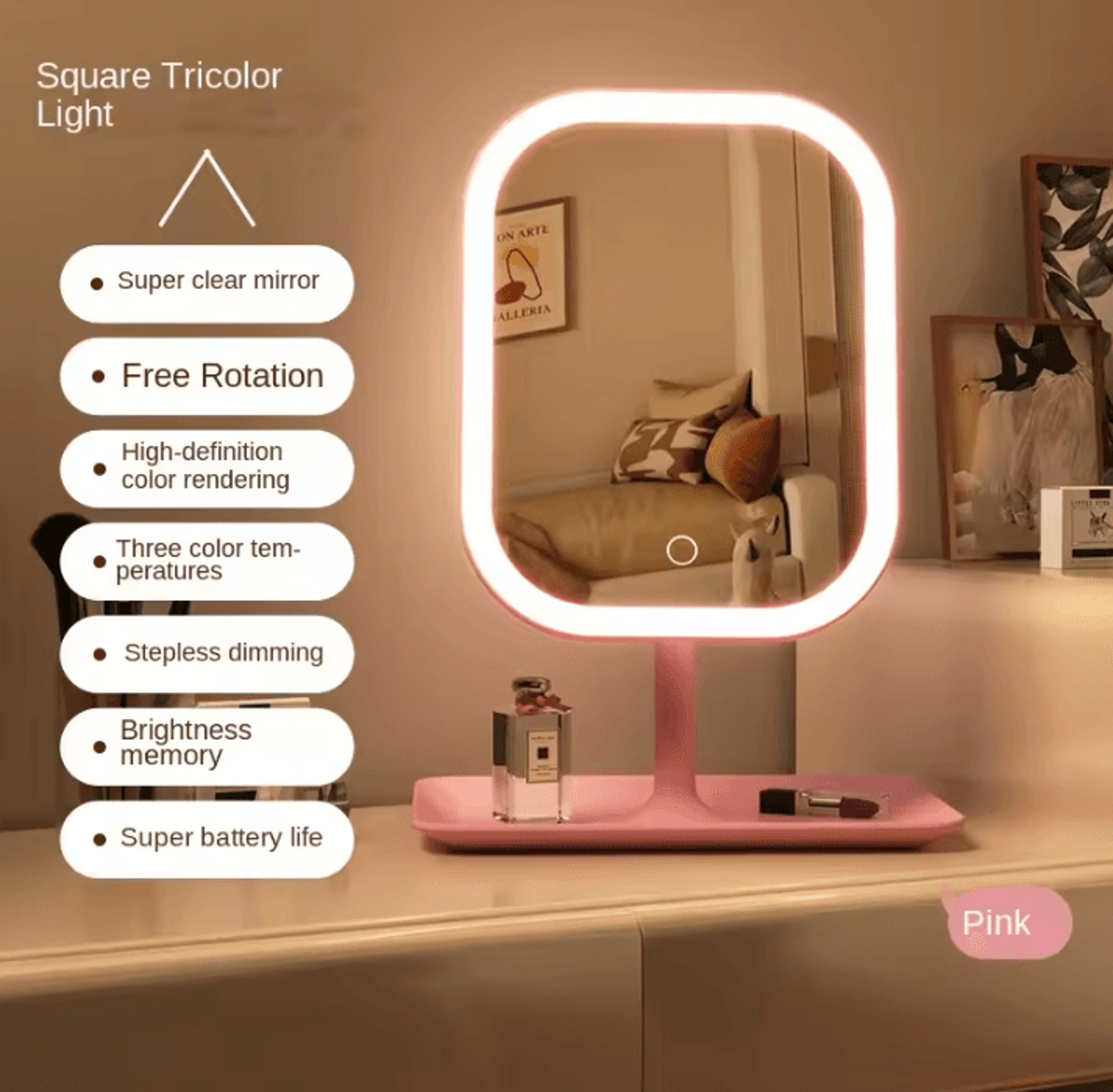 3 Color LED Desktop Vanity Mirror With Storage Tray 6