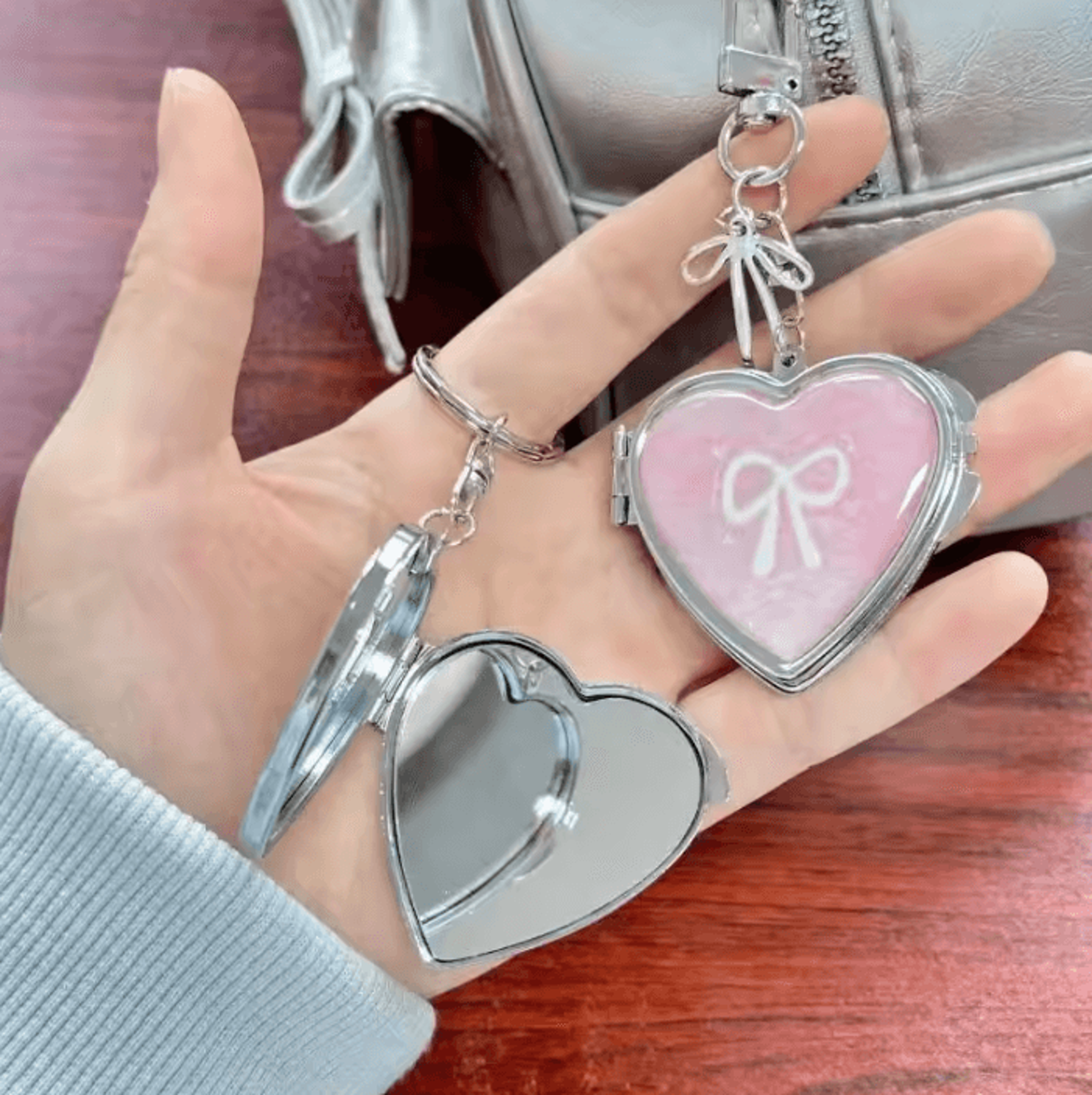 Cute Heart Double Sided Keychain Makeup Mirror 0