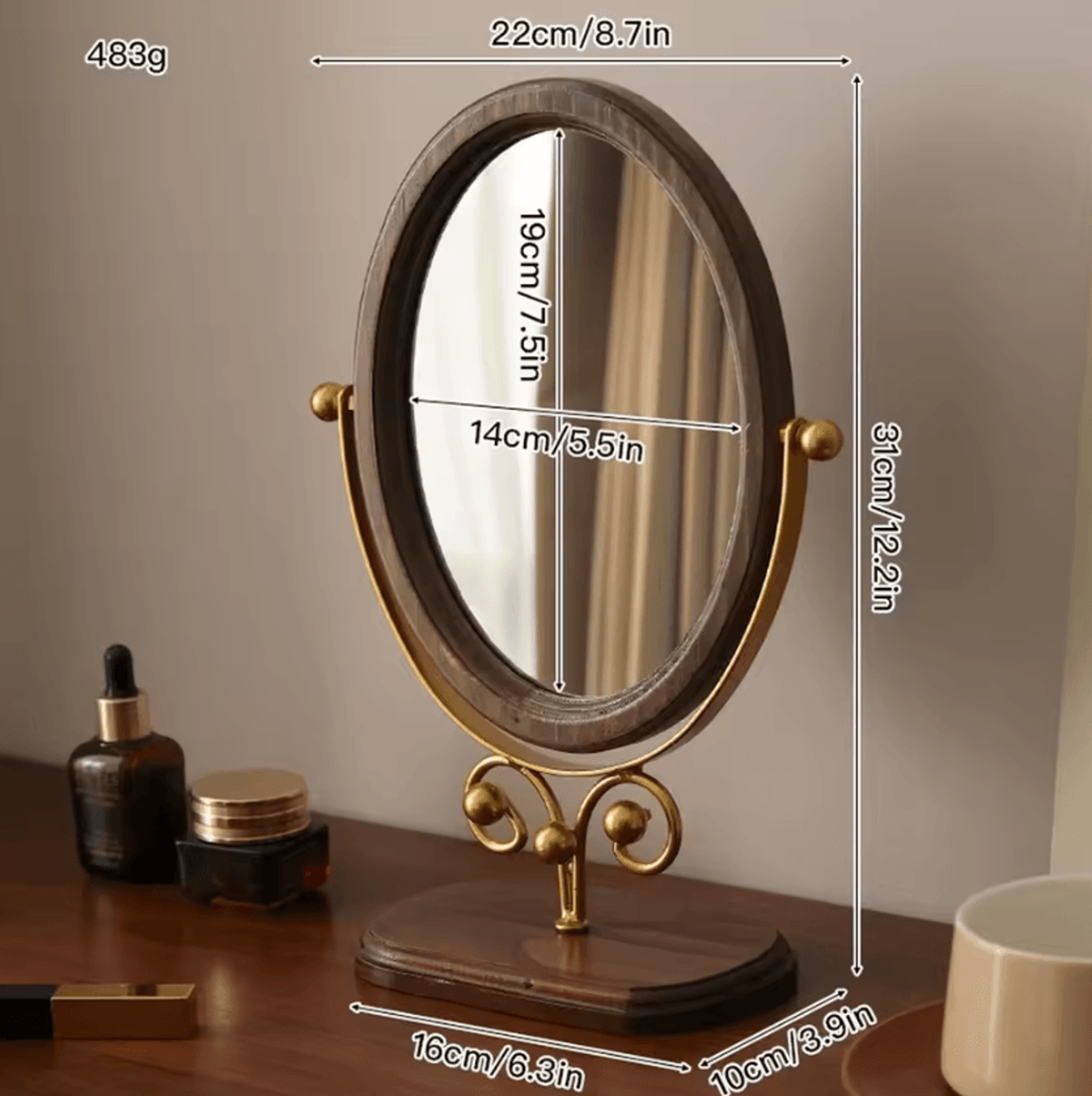 Solid Wood Oval Vanity Makeup Mirror 3