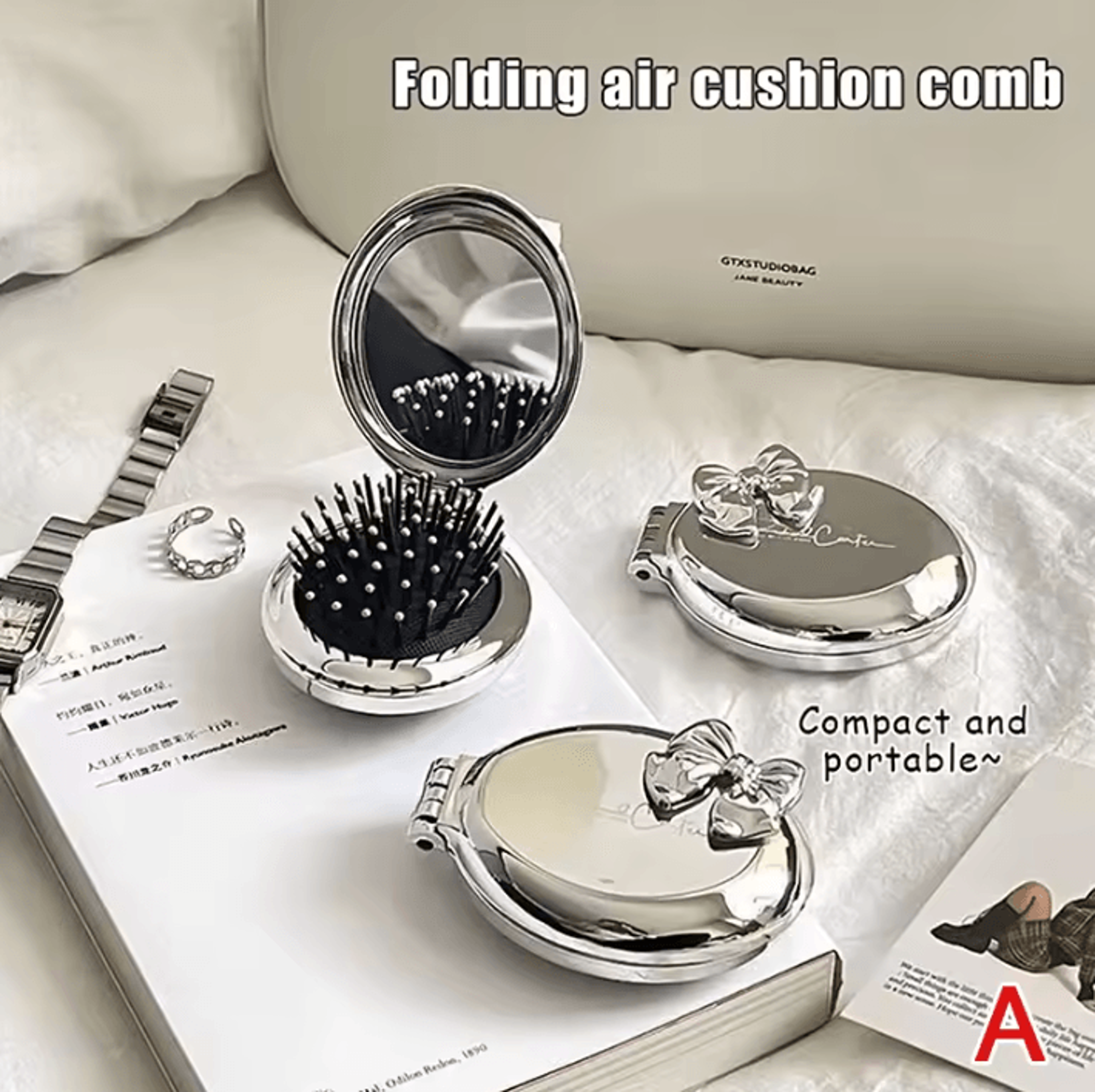 Bow Folding Air Cushion Hair Brush With Mirror 3