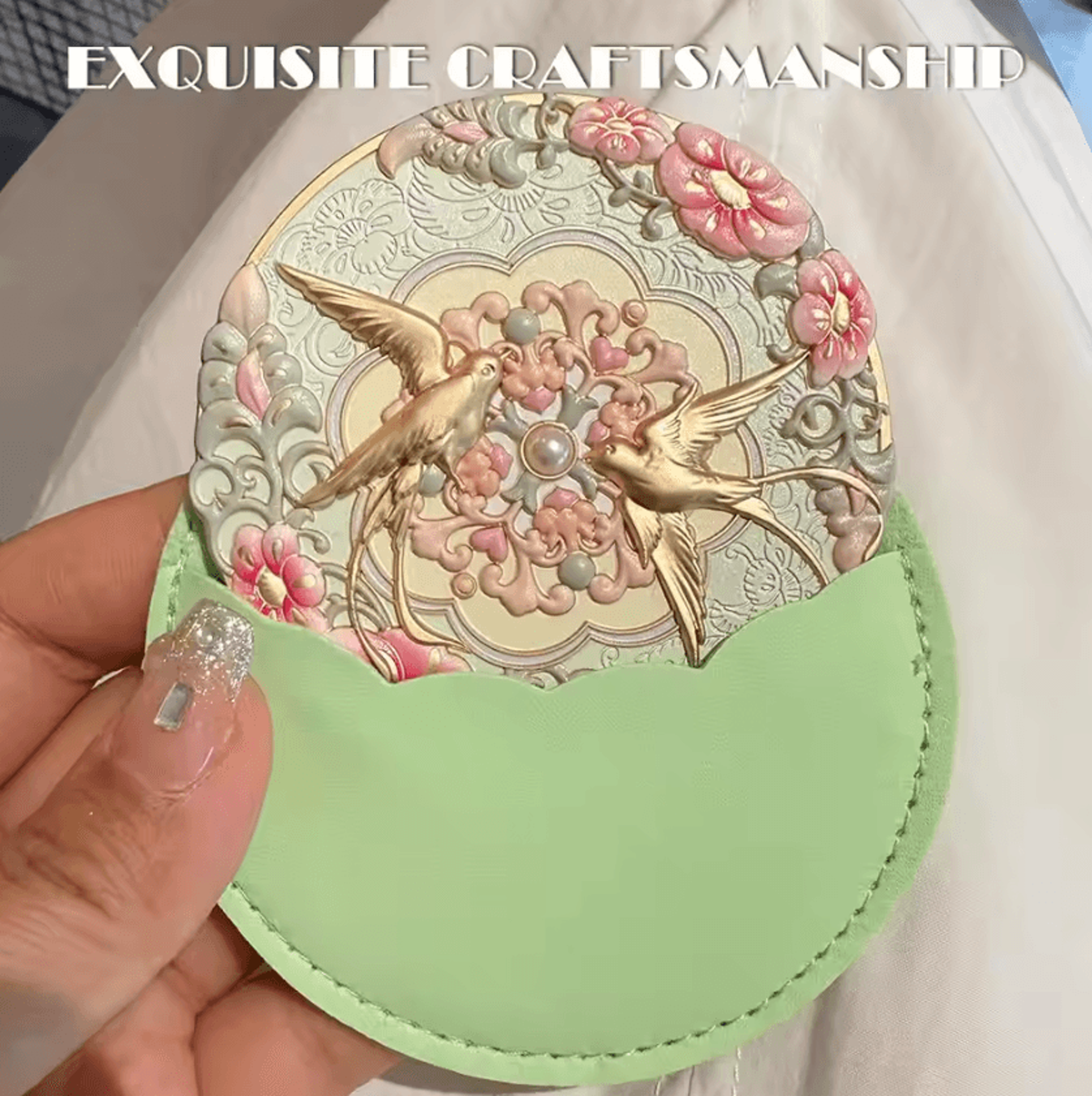 Vintage Chinese Bird And Floral Pocket Makeup Mirror 2