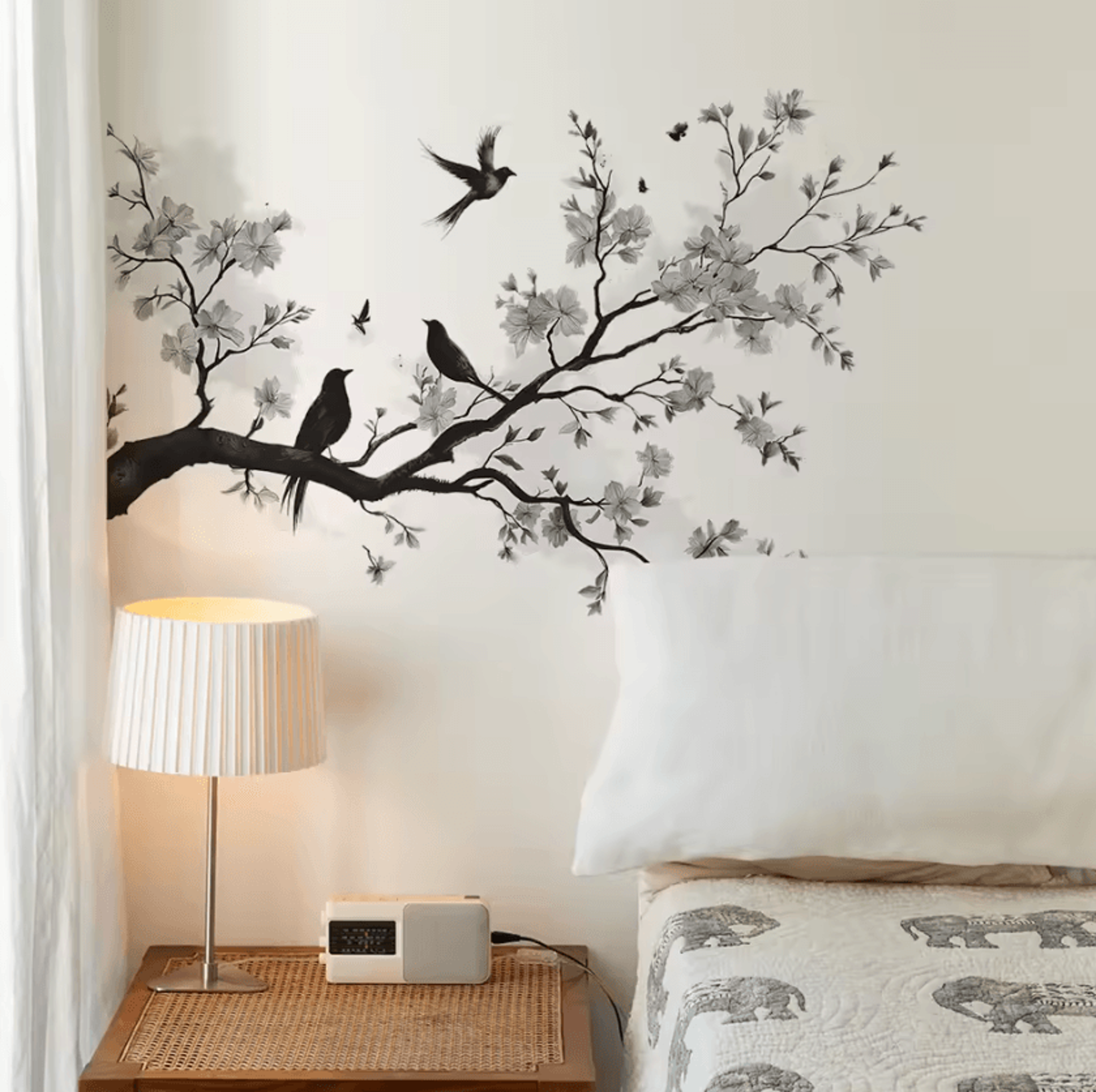 Black And White Blossom Branch Bird Wall Sticker 0