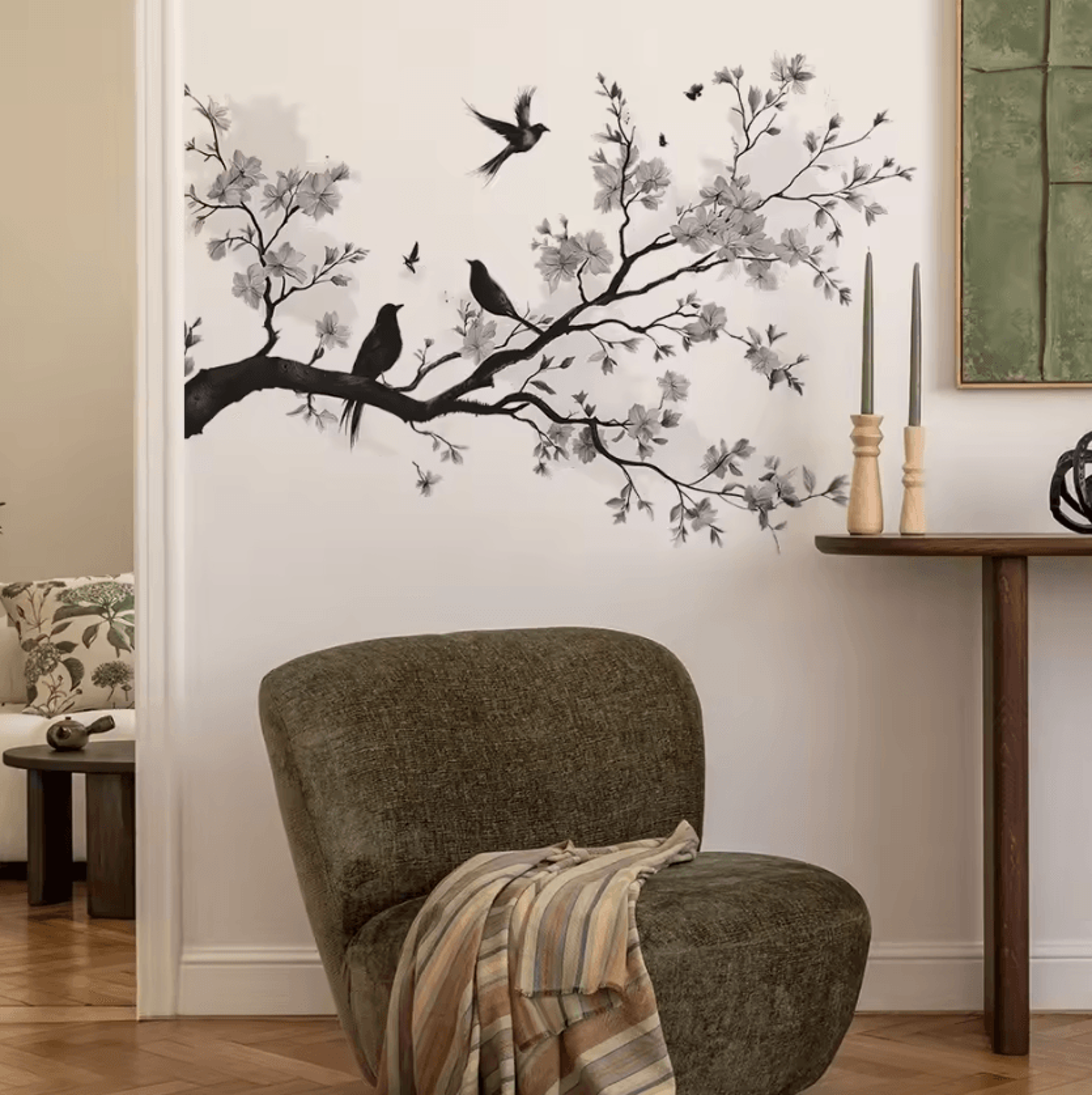 Black And White Blossom Branch Bird Wall Sticker 2