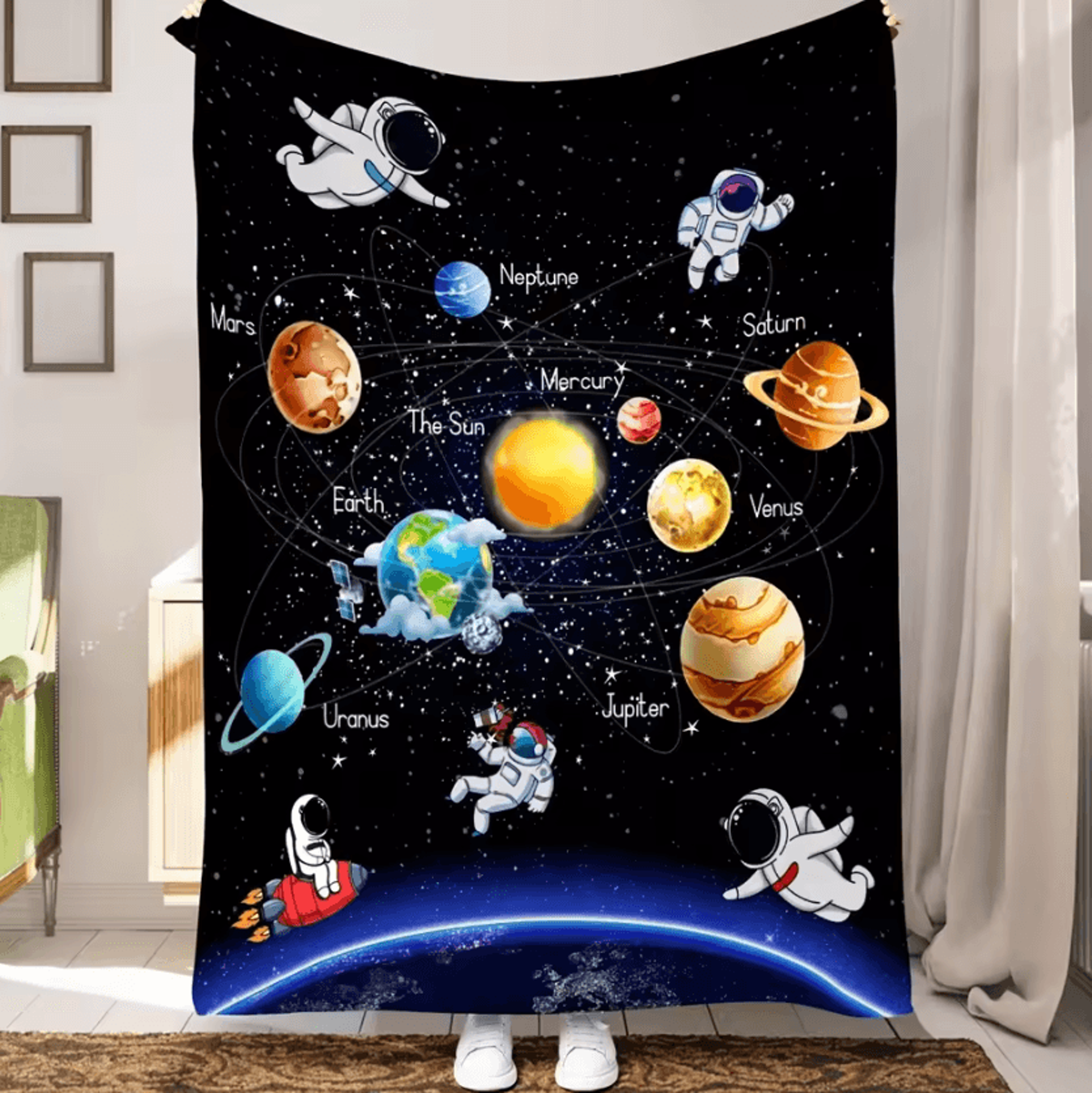 Astronaut Planet Flannel Throw Blanket 0