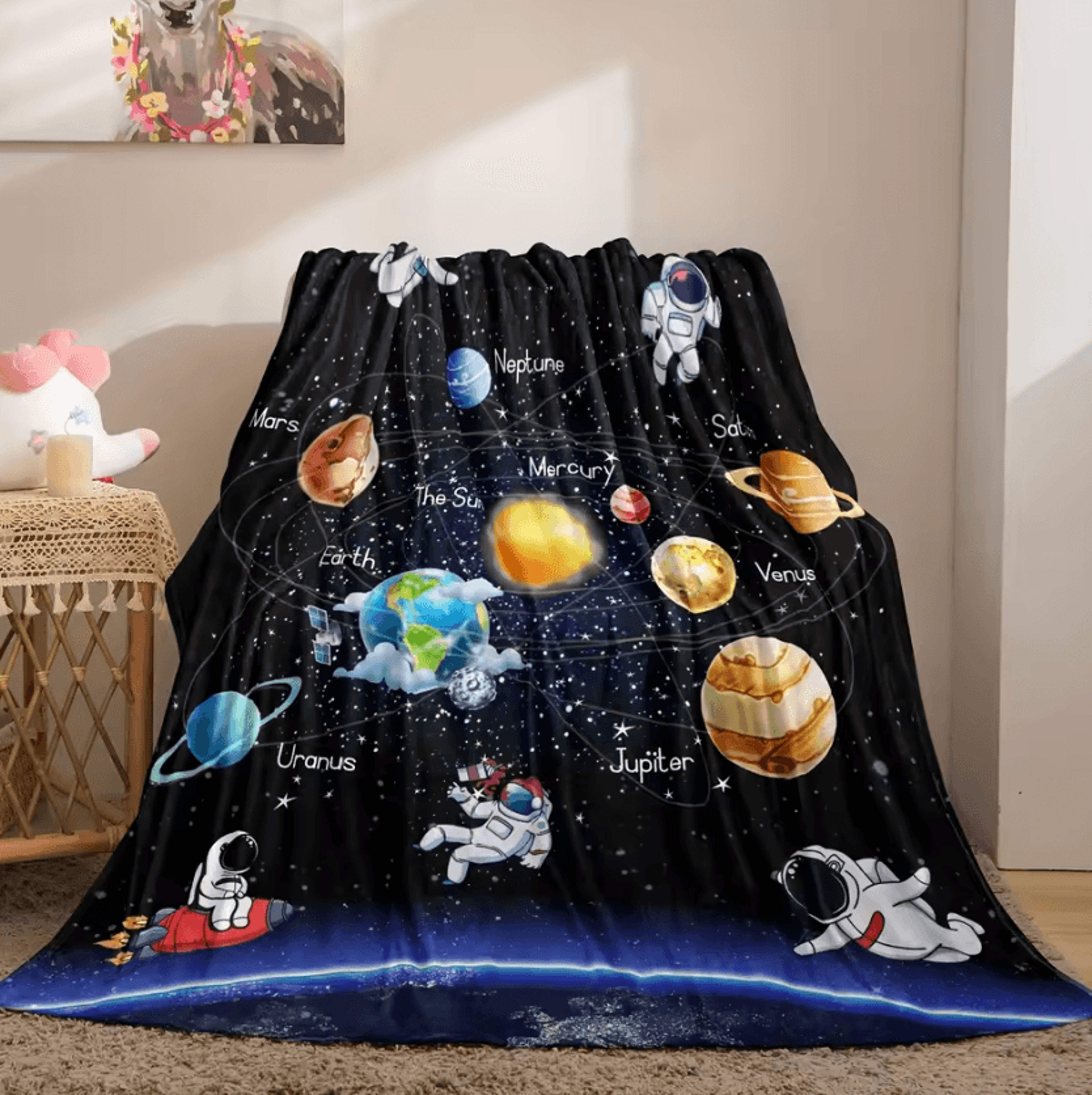 Astronaut Planet Flannel Throw Blanket 2