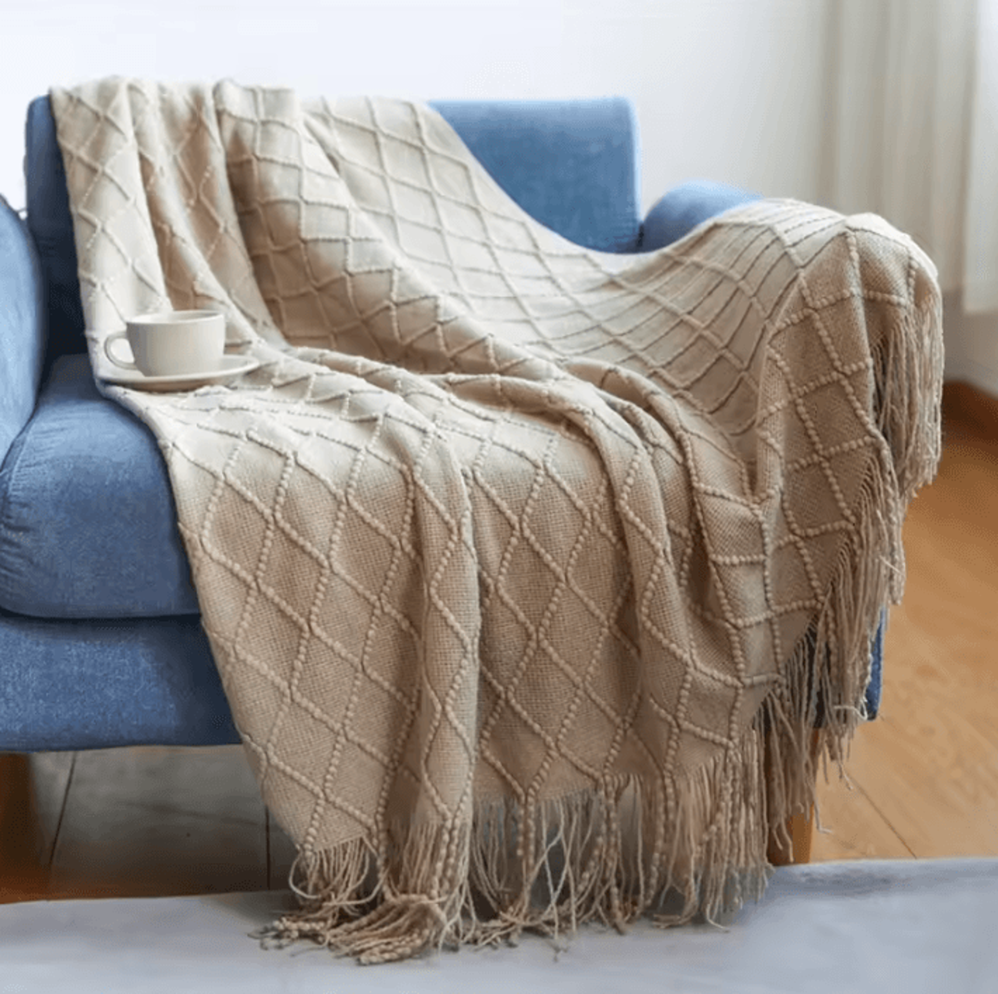 Cream White Textured Knitted Throw Blanket With Tassels 0