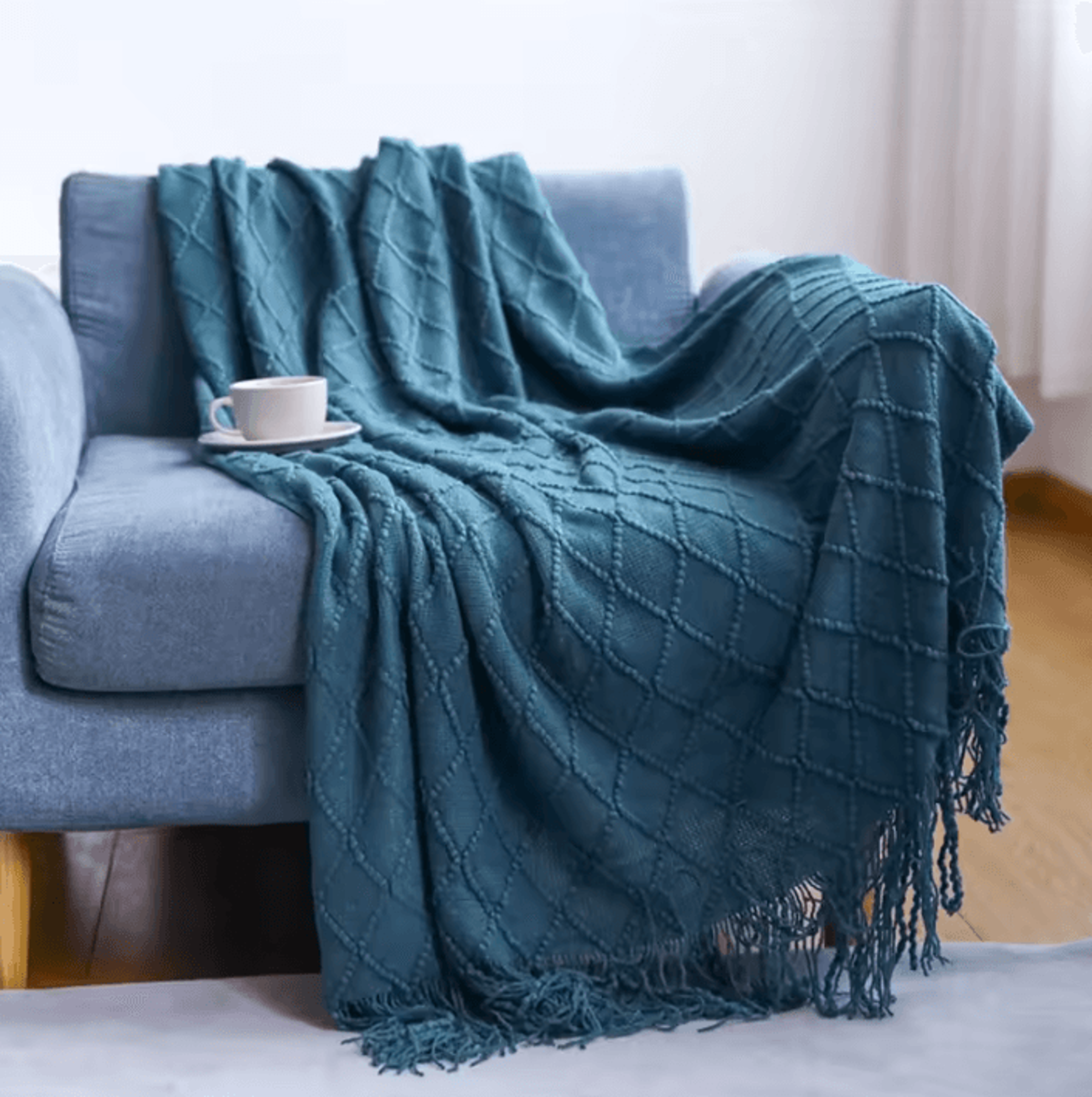 Cream White Textured Knitted Throw Blanket With Tassels 10