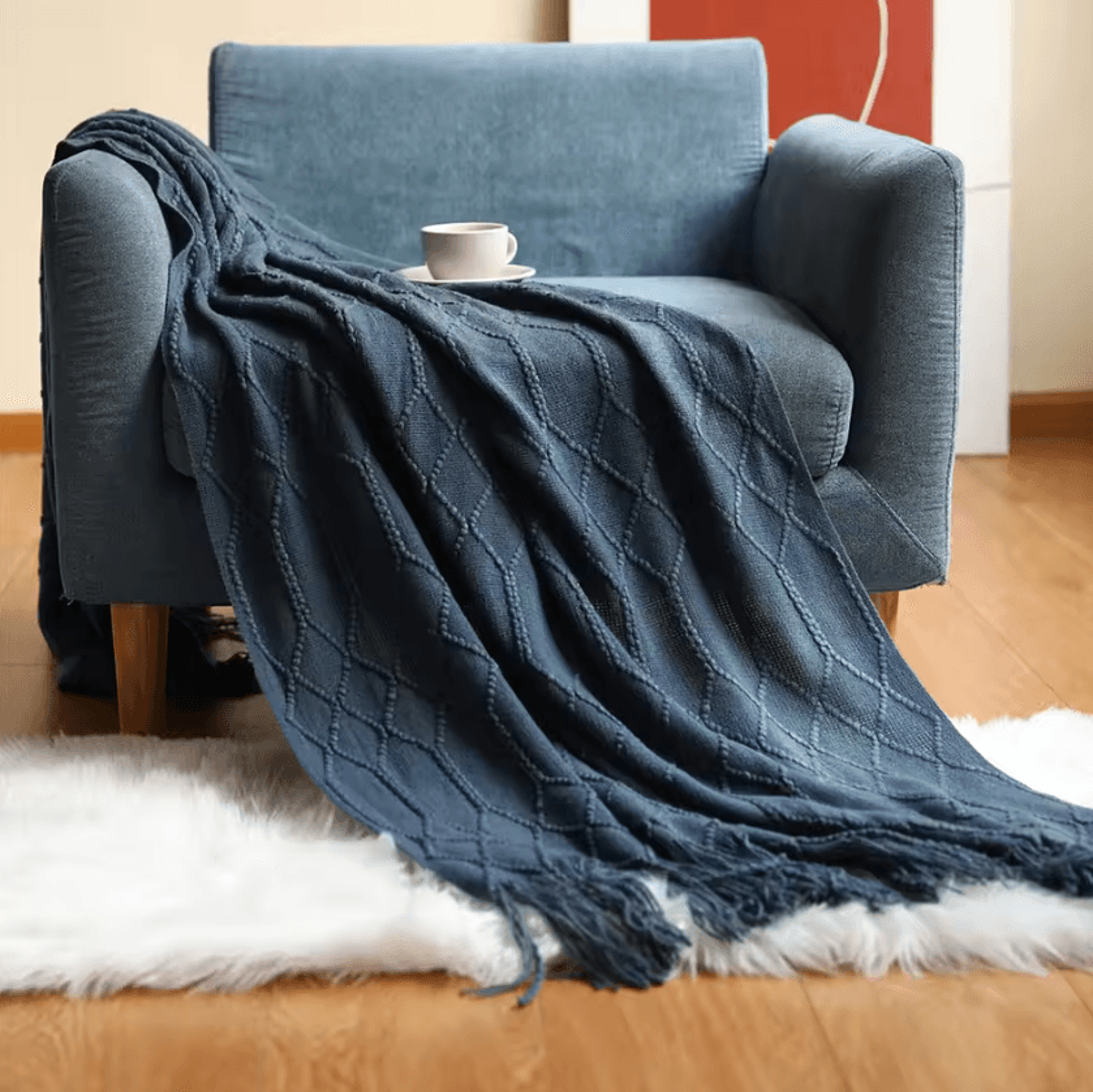 Cream White Textured Knitted Throw Blanket With Tassels 5