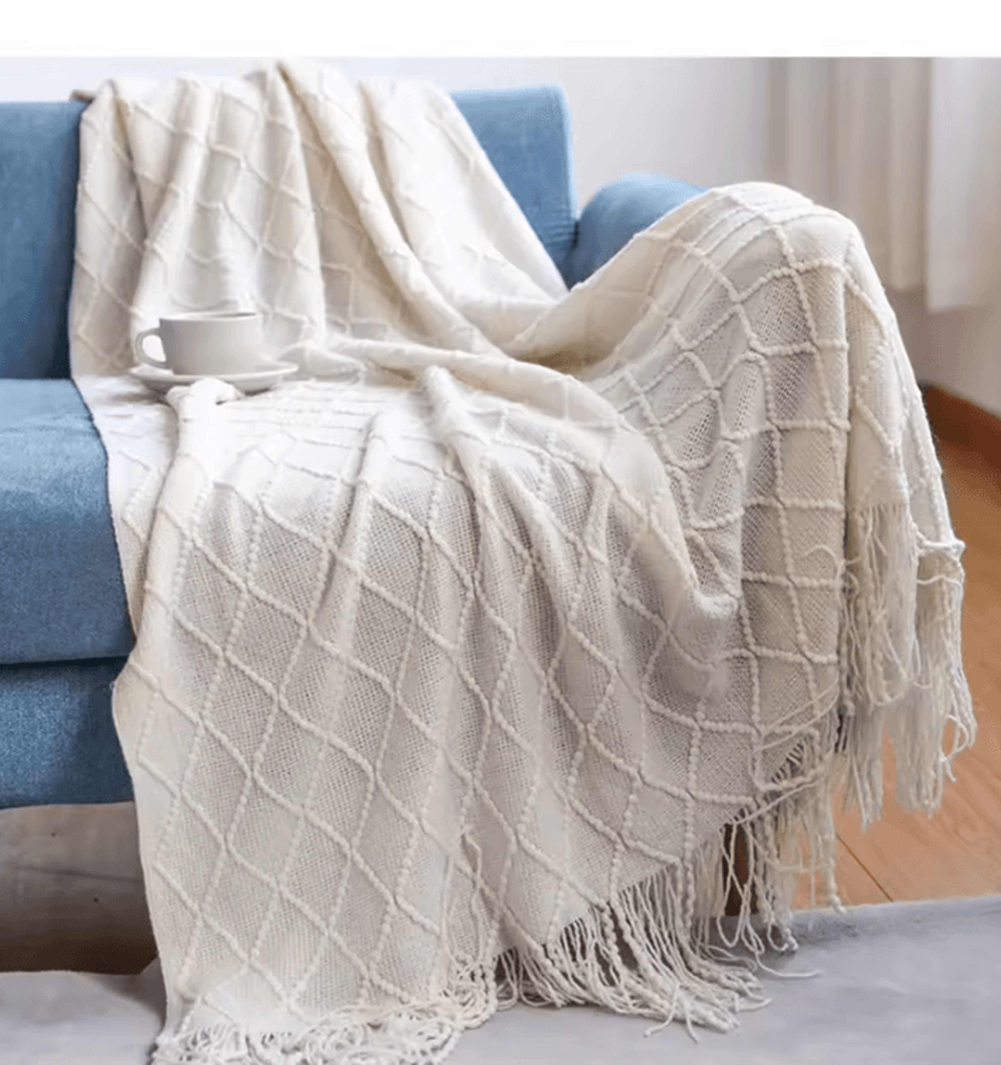 Cream White Textured Knitted Throw Blanket With Tassels 1